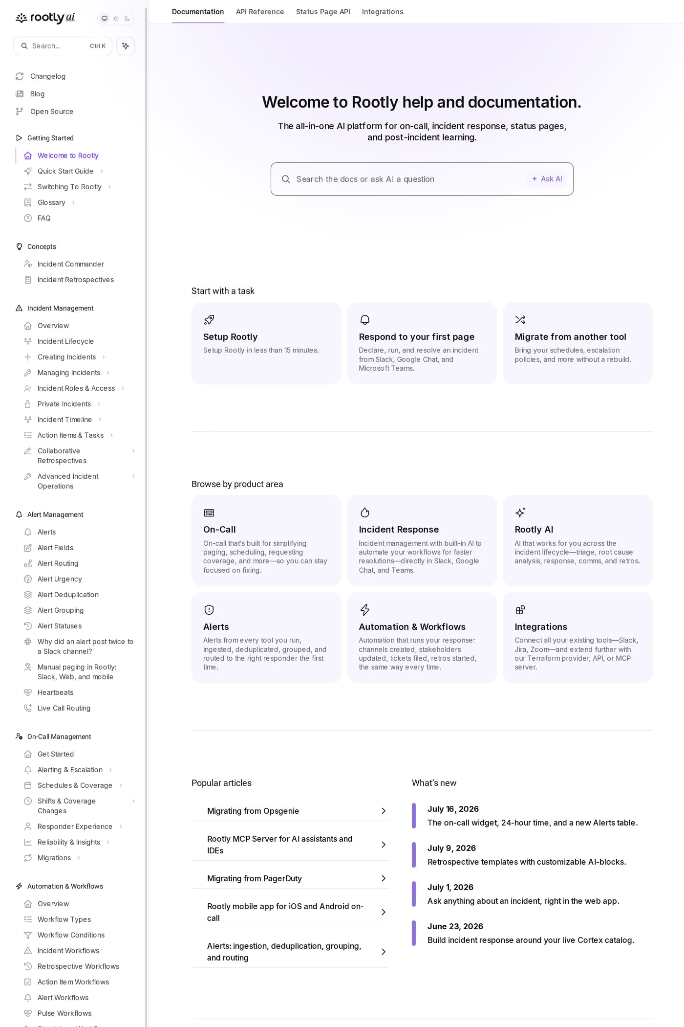 Rootly docs page