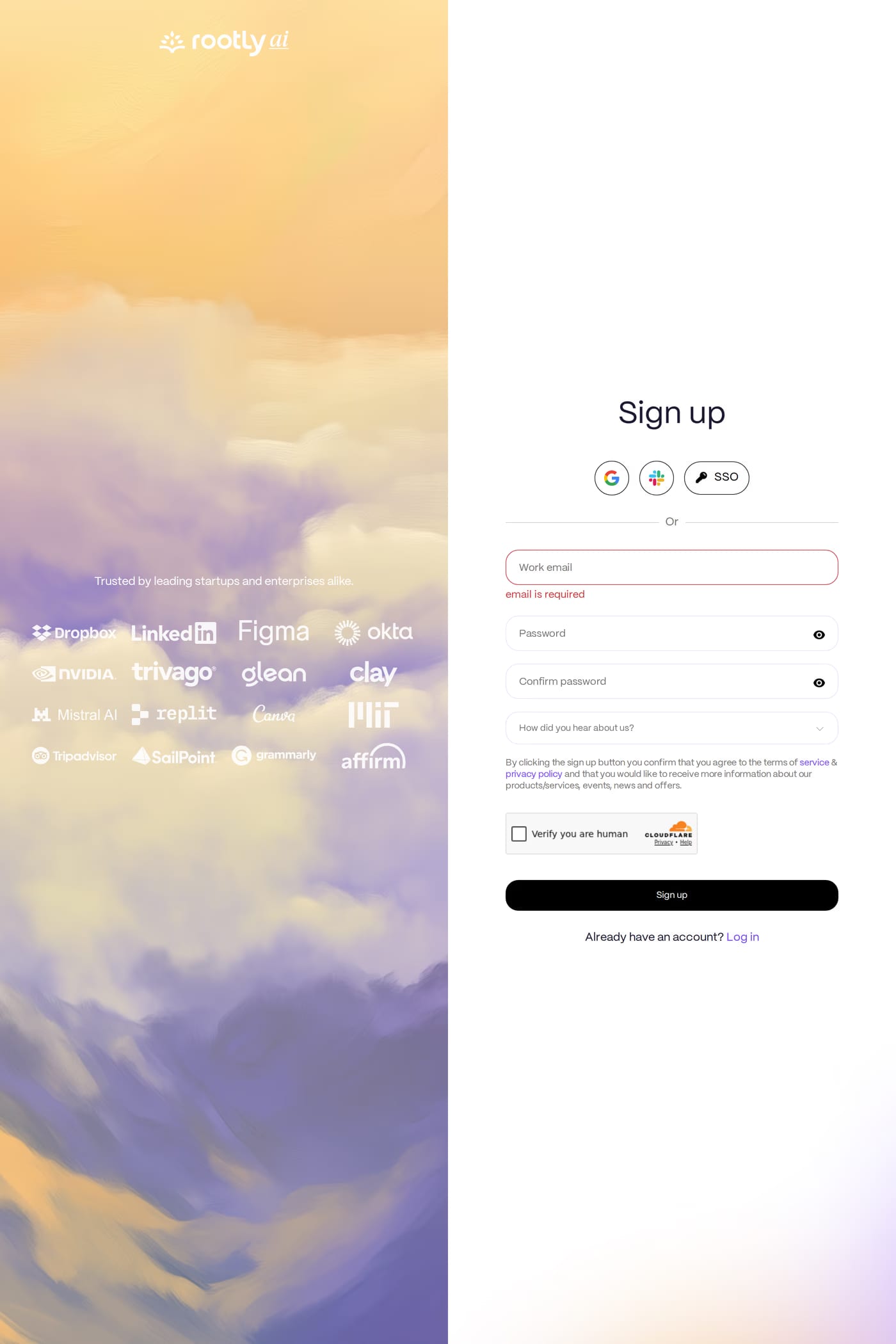 Rootly sign up page