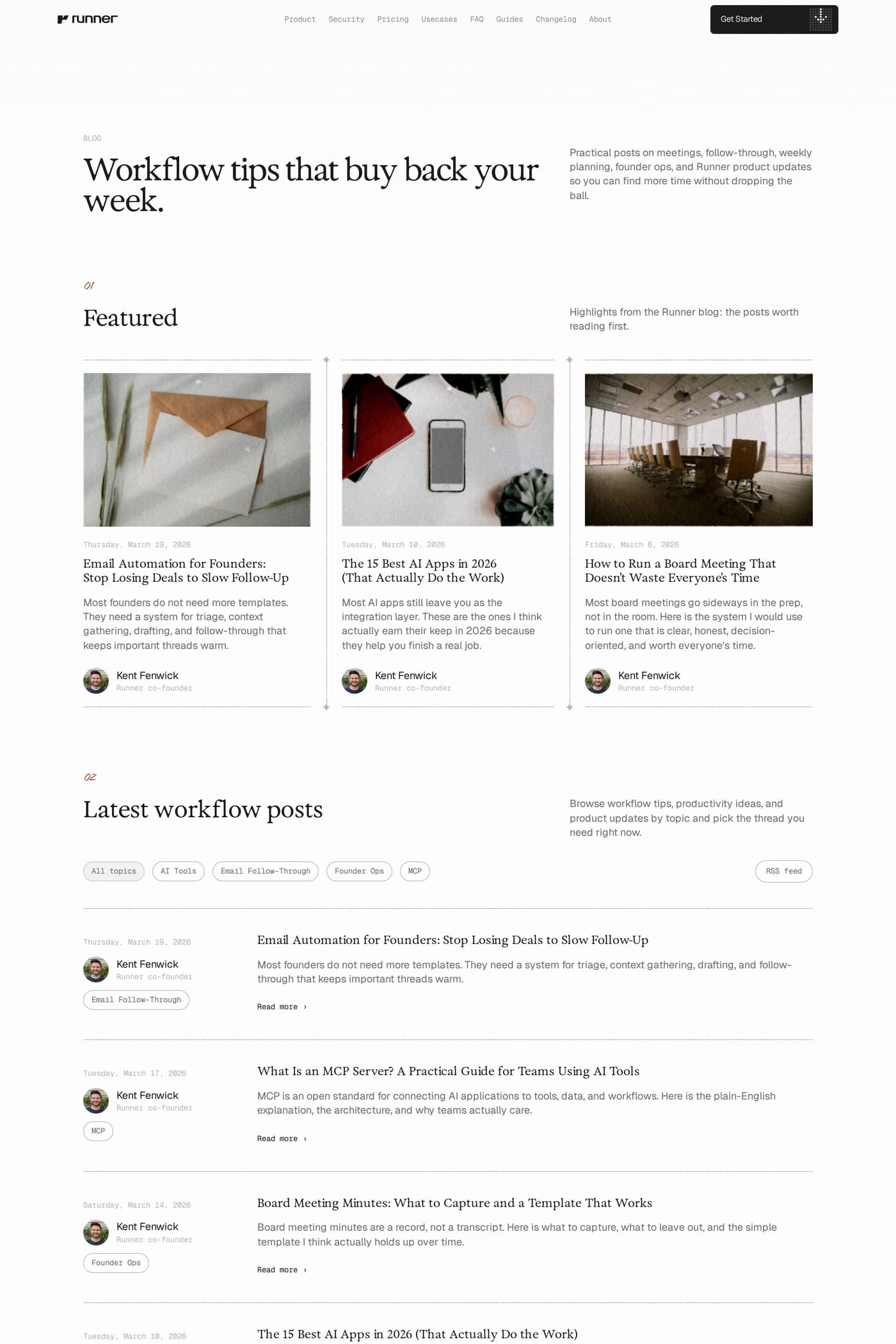 Runner — screenshot of the blog page