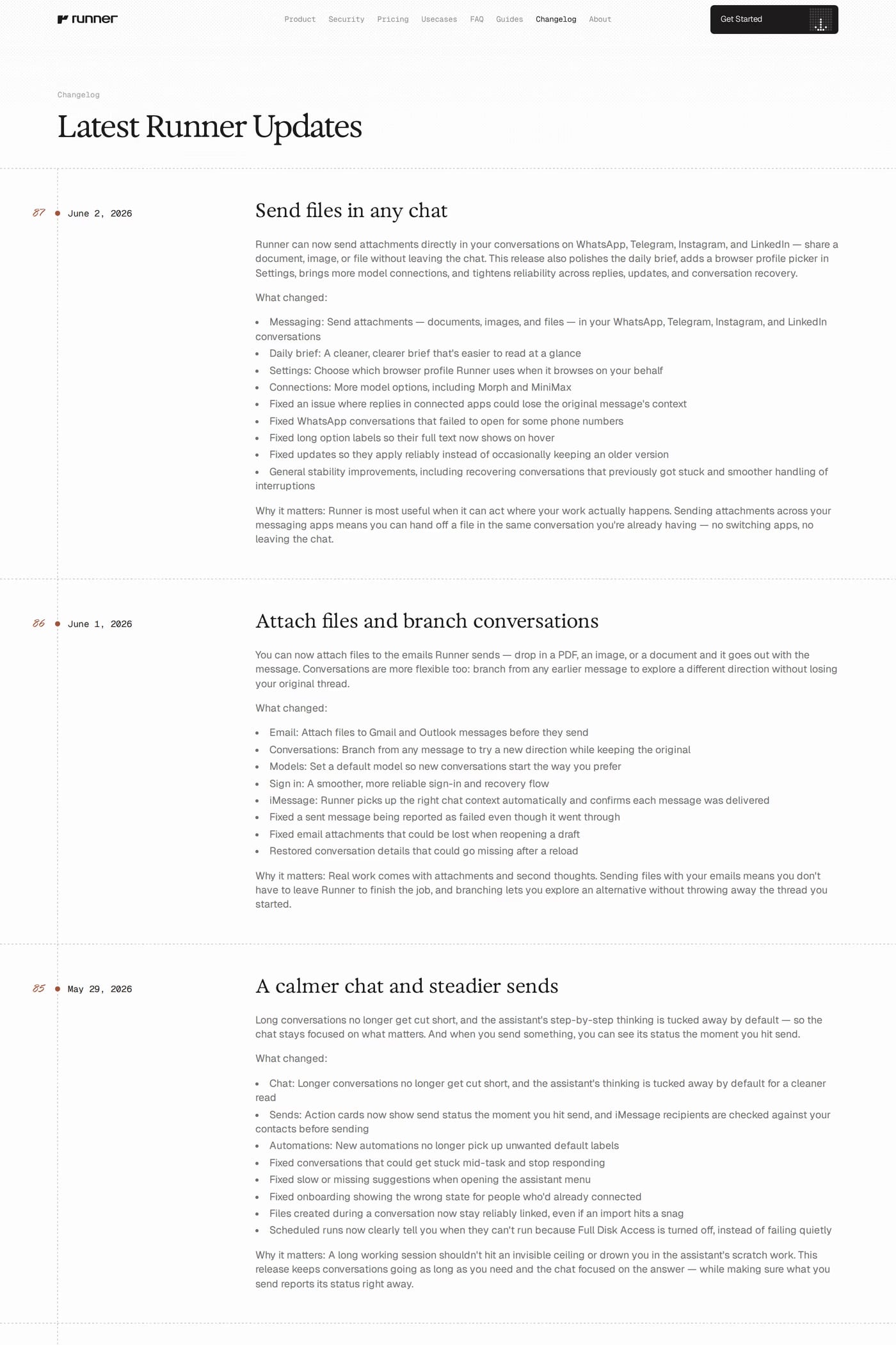 Runner — screenshot of the changelog page