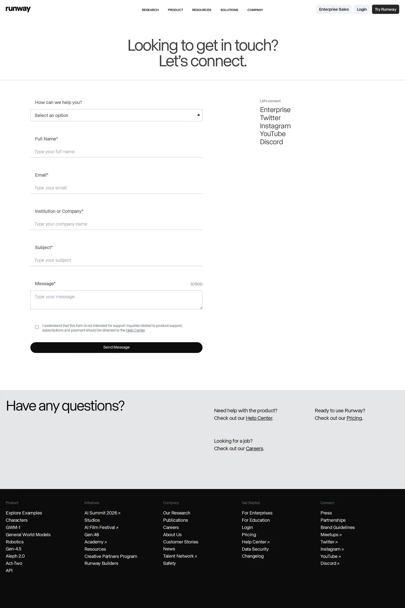 Runway — screenshot of the contact page
