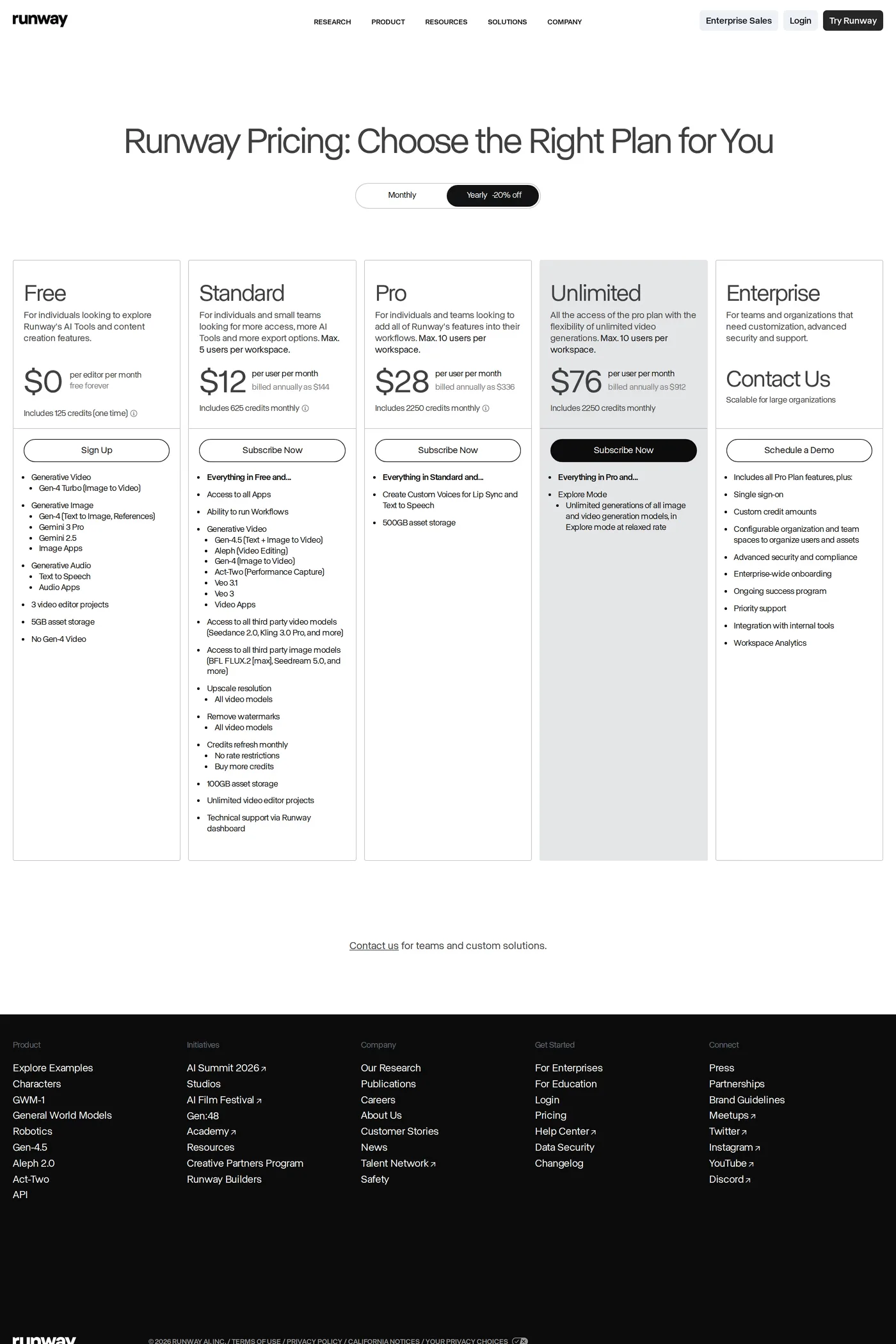Runway — screenshot of the pricing page