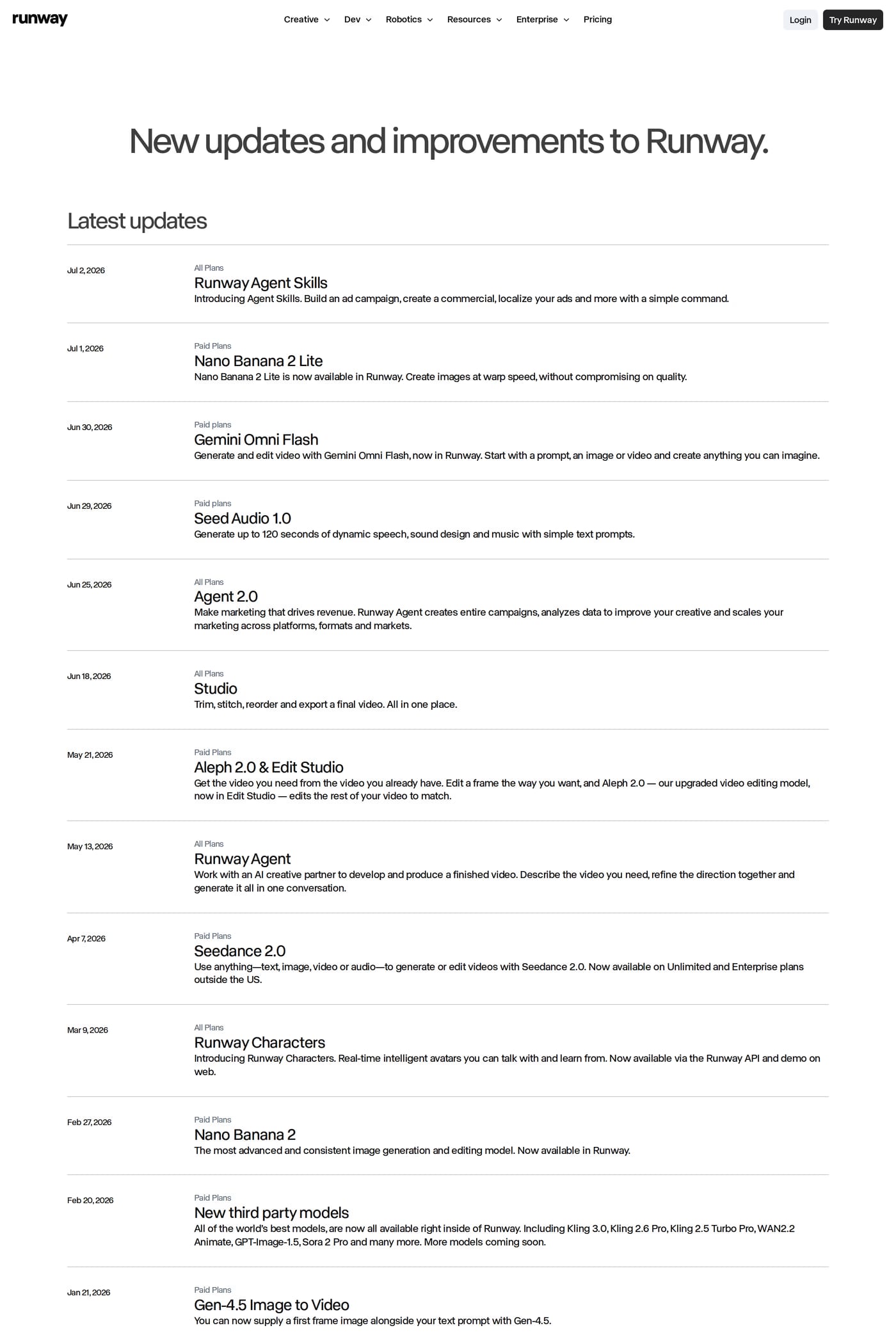 Runway changelog page