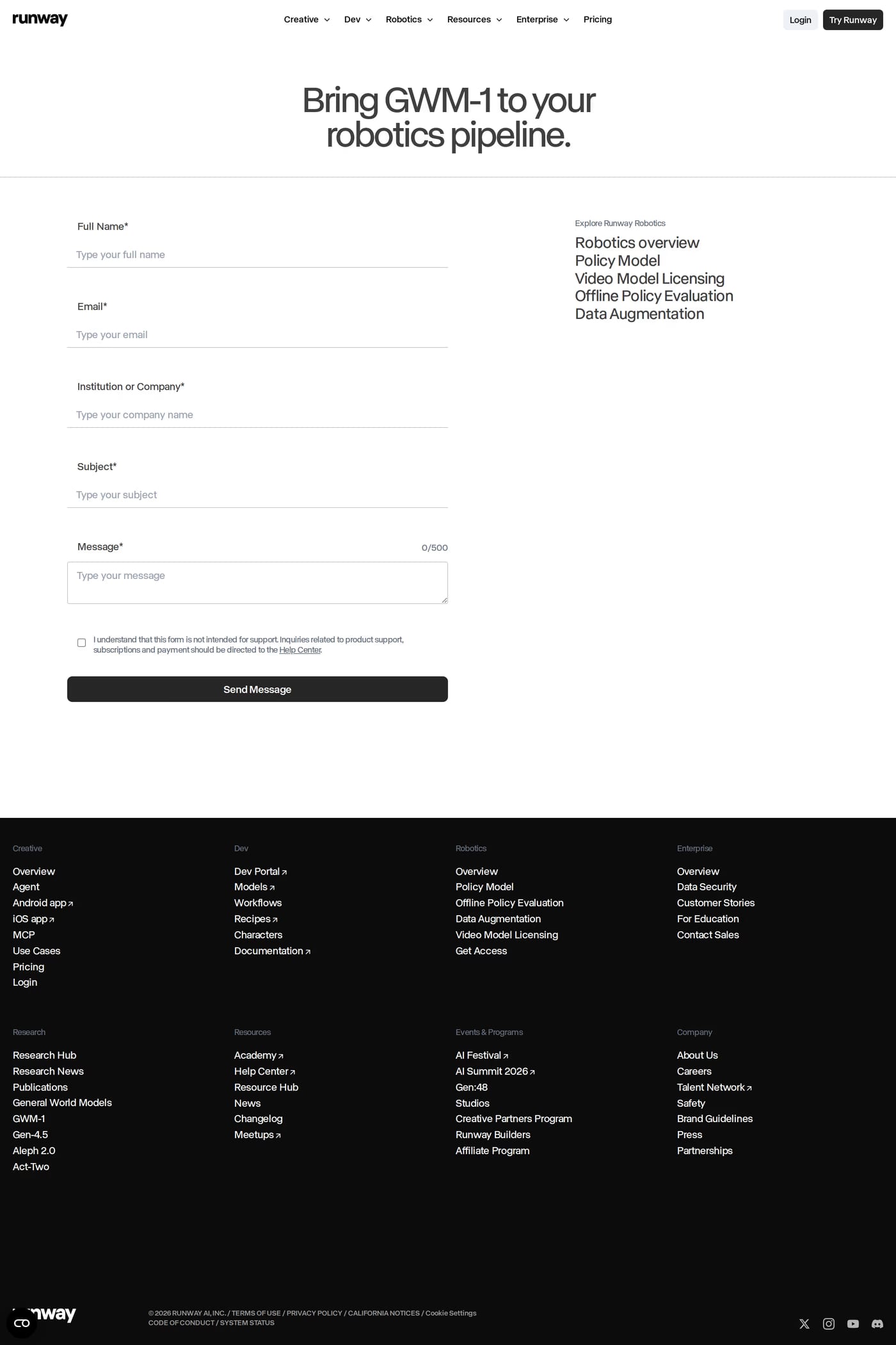 Runway — screenshot of the contact page