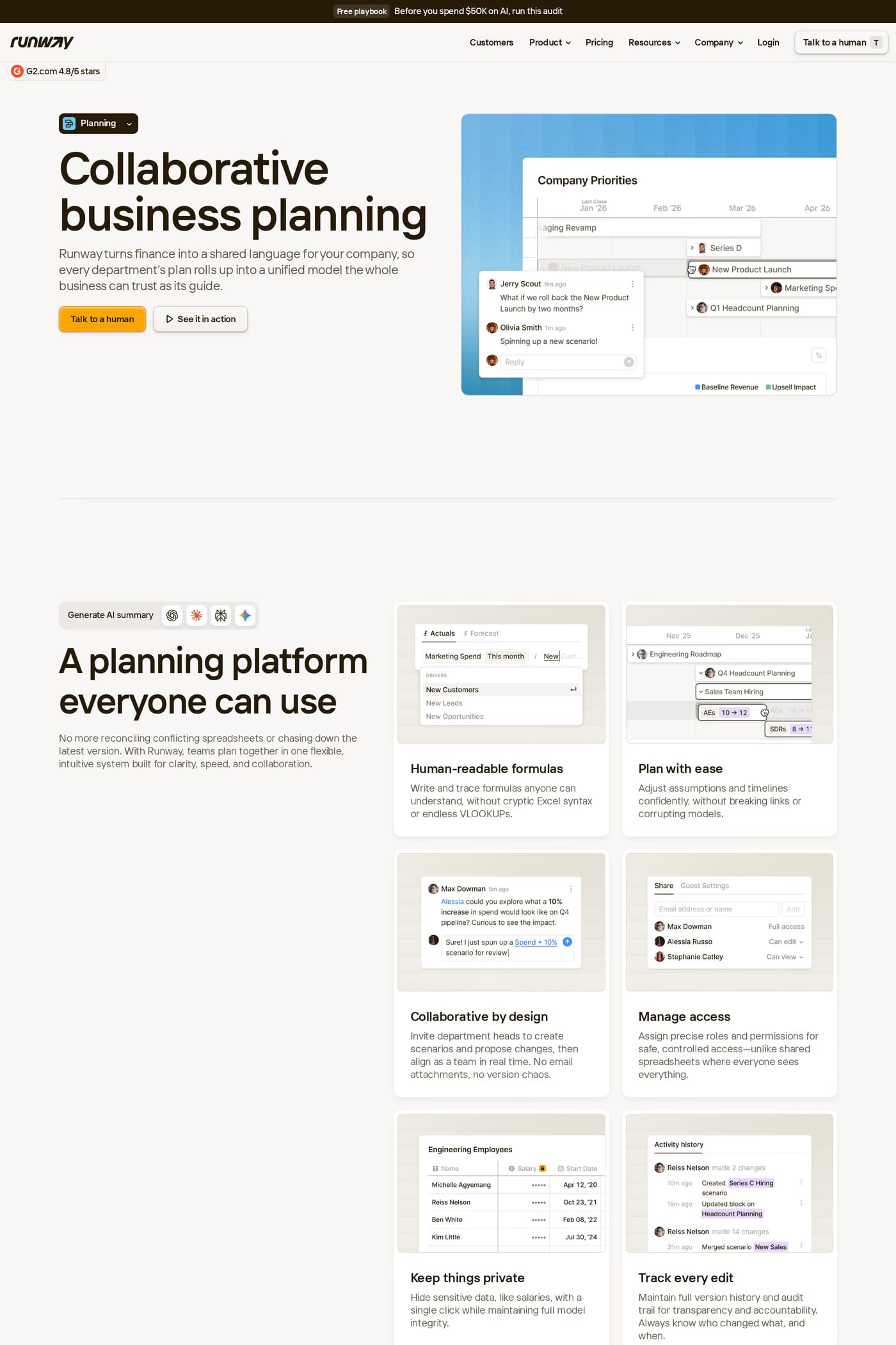 Runway — screenshot of the features page