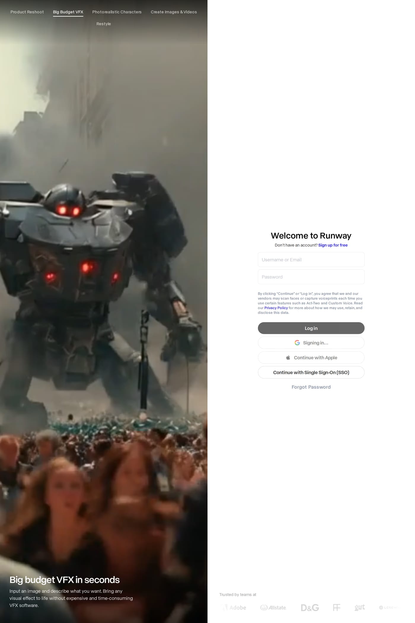 Runway — screenshot of the login page