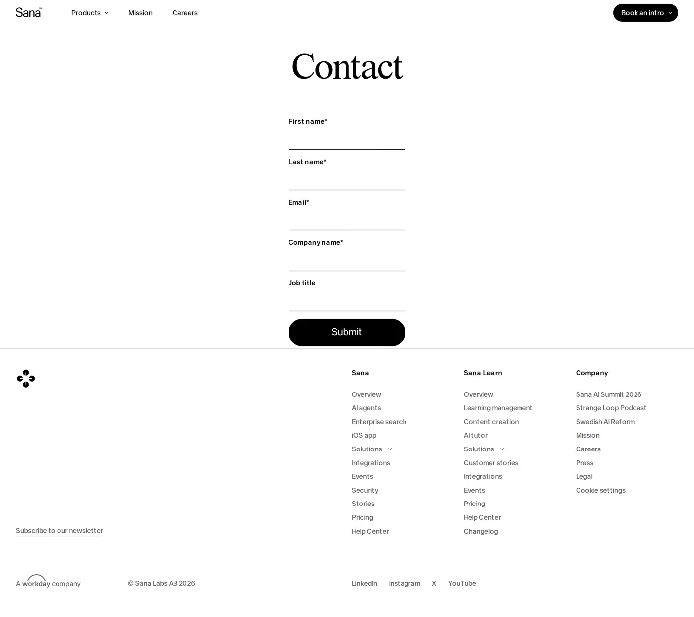 Sana — screenshot of the contact page