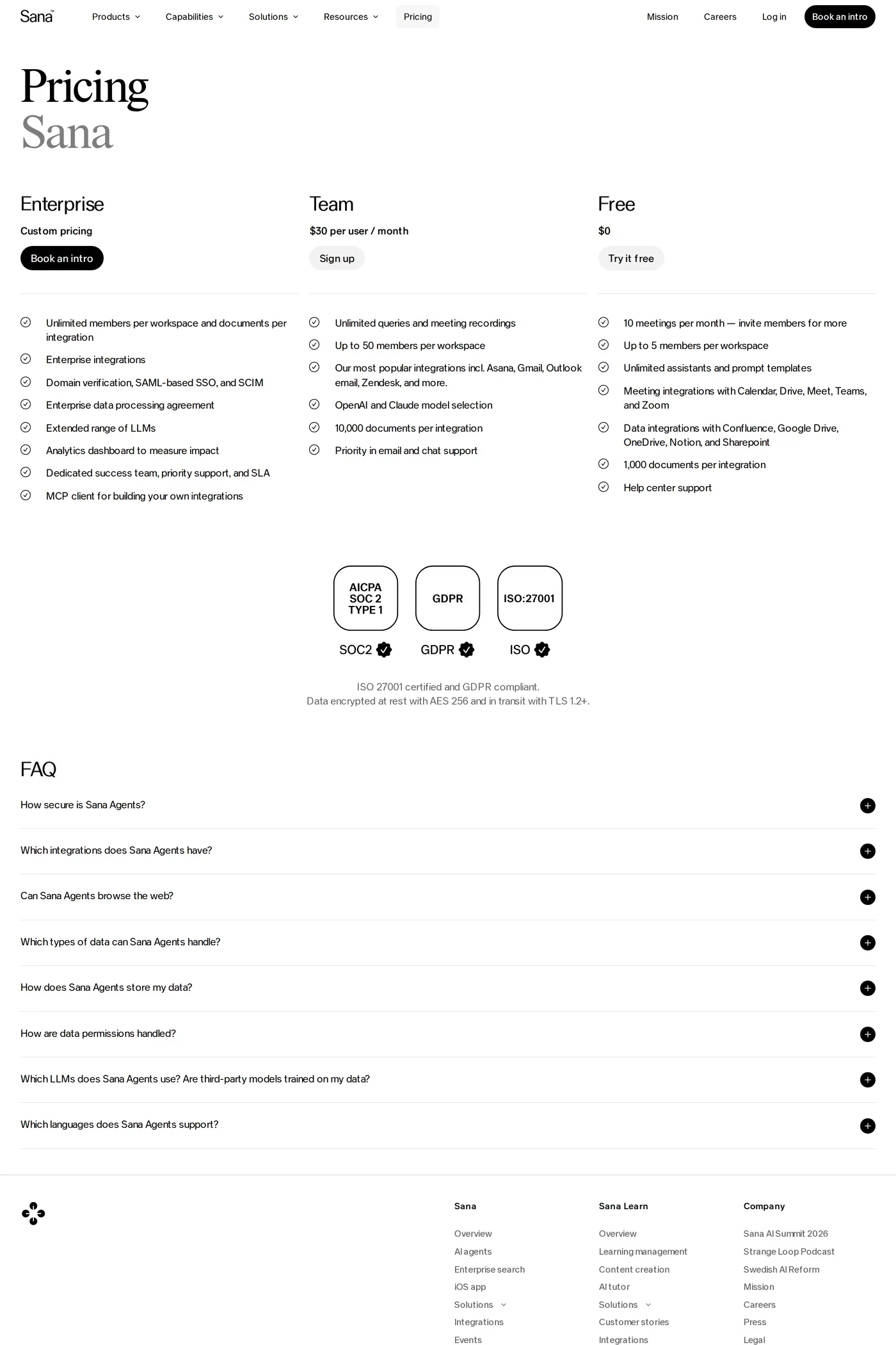Sana — screenshot of the pricing page