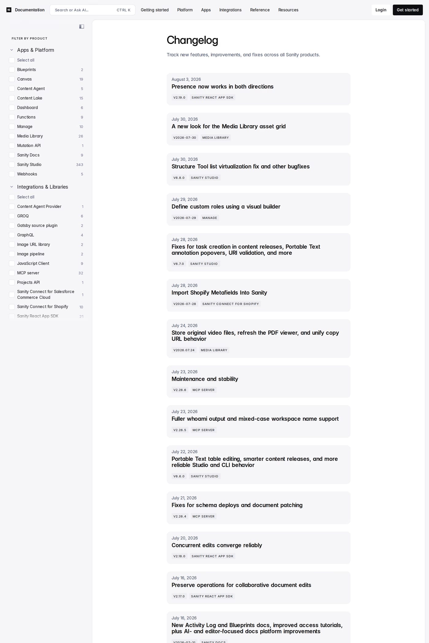 Sanity changelog page