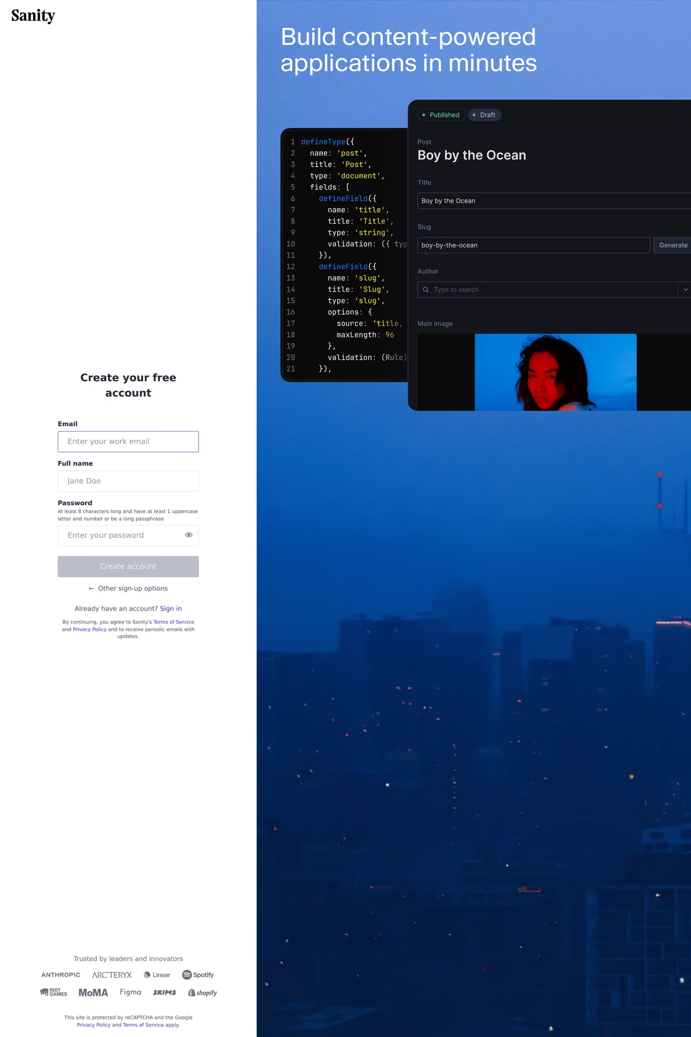 Sanity sign up page