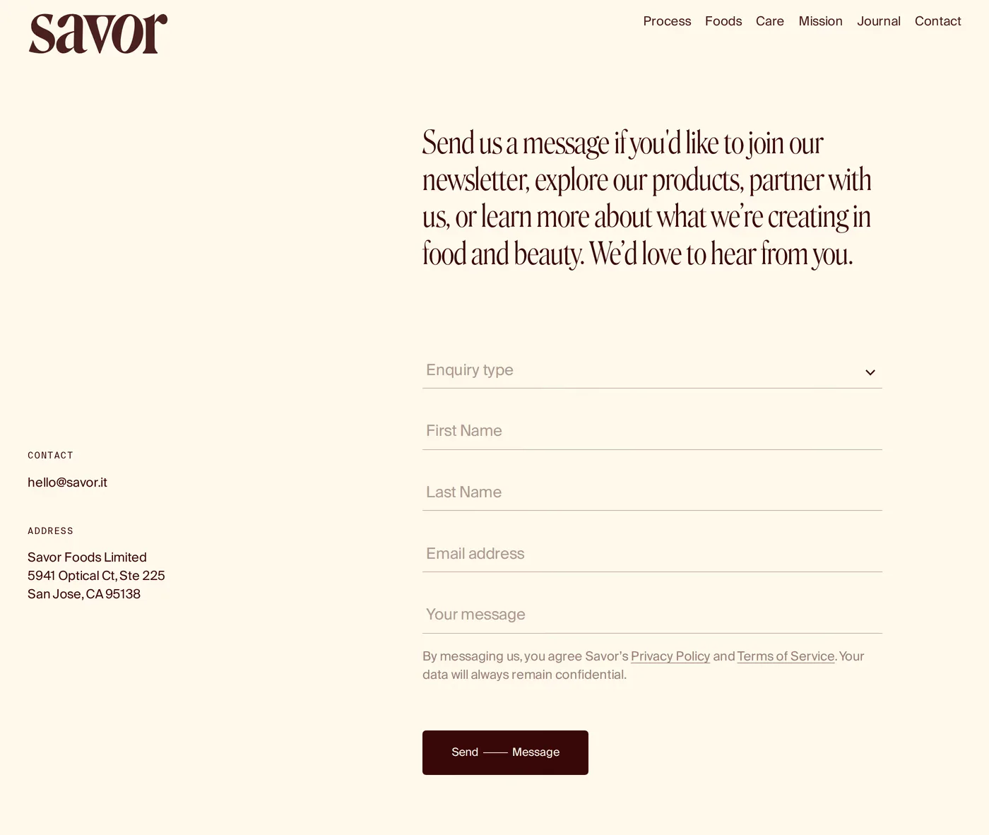 Savor — screenshot of the contact page