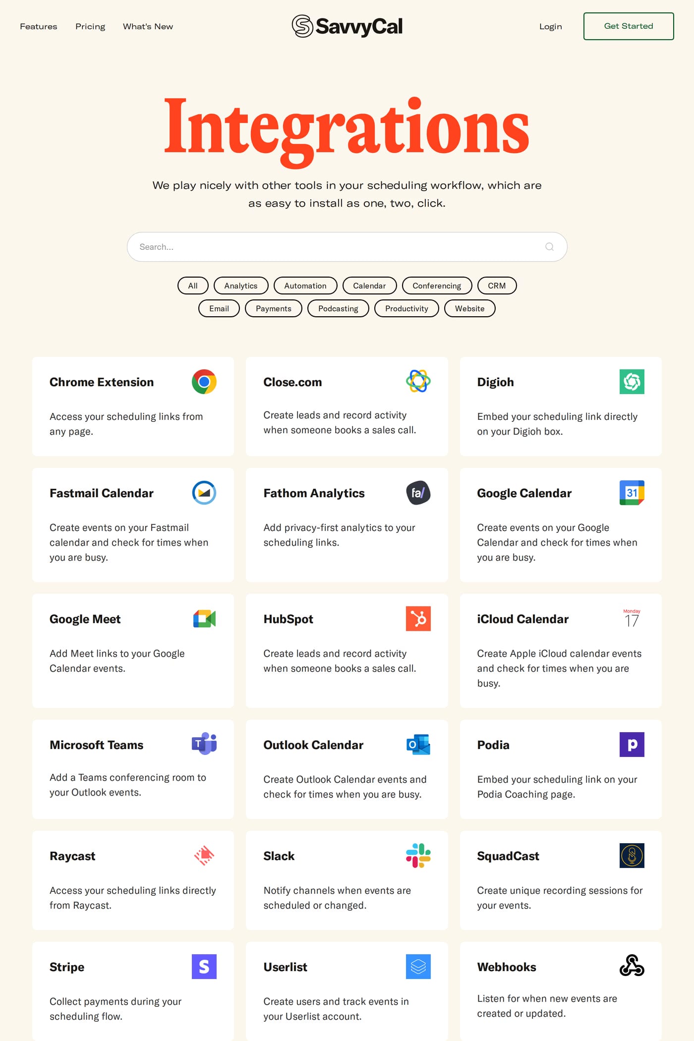 Savvy cal integrations page
