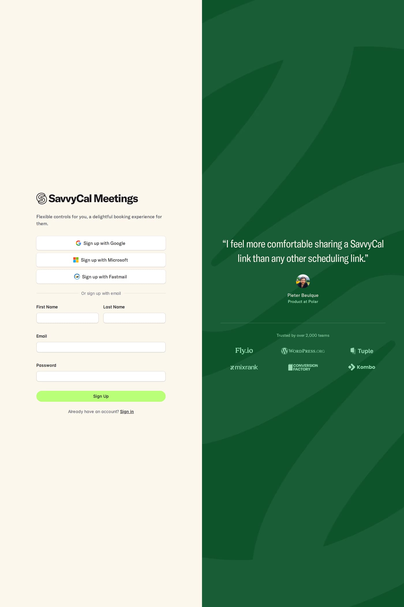 Savvy cal sign up page