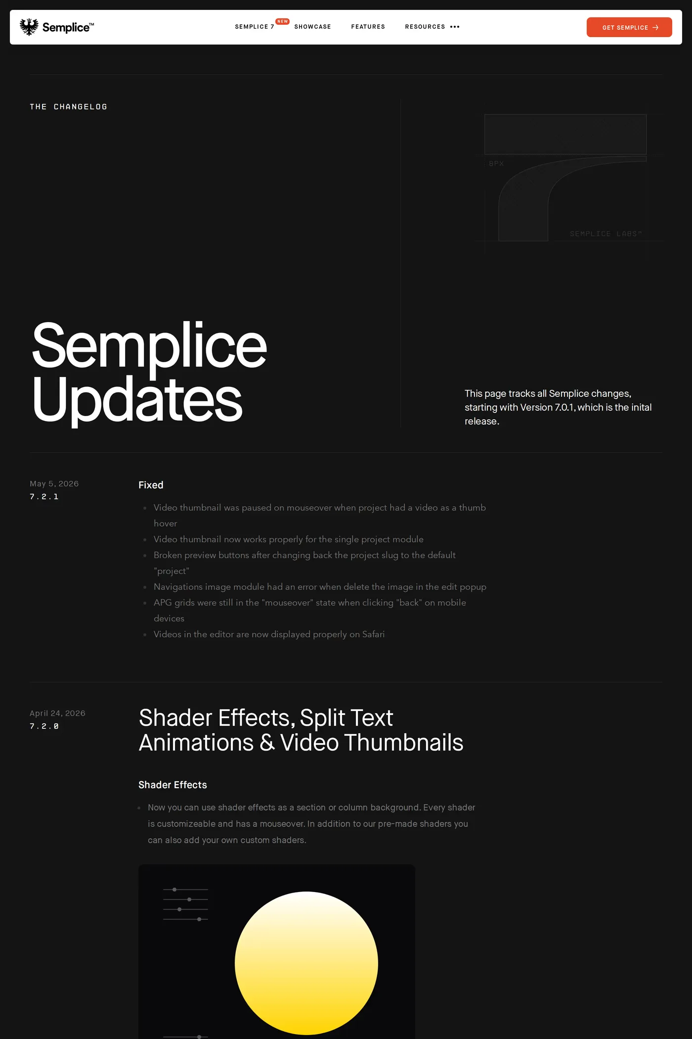 Semplice V7 — screenshot of the changelog page