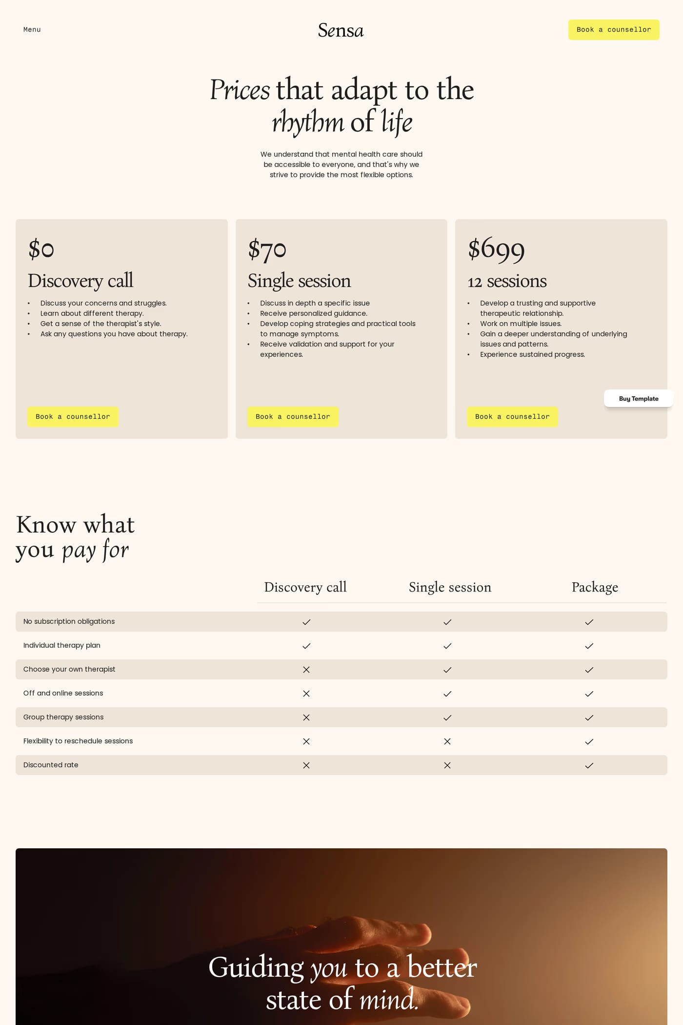 Sensa pricing page