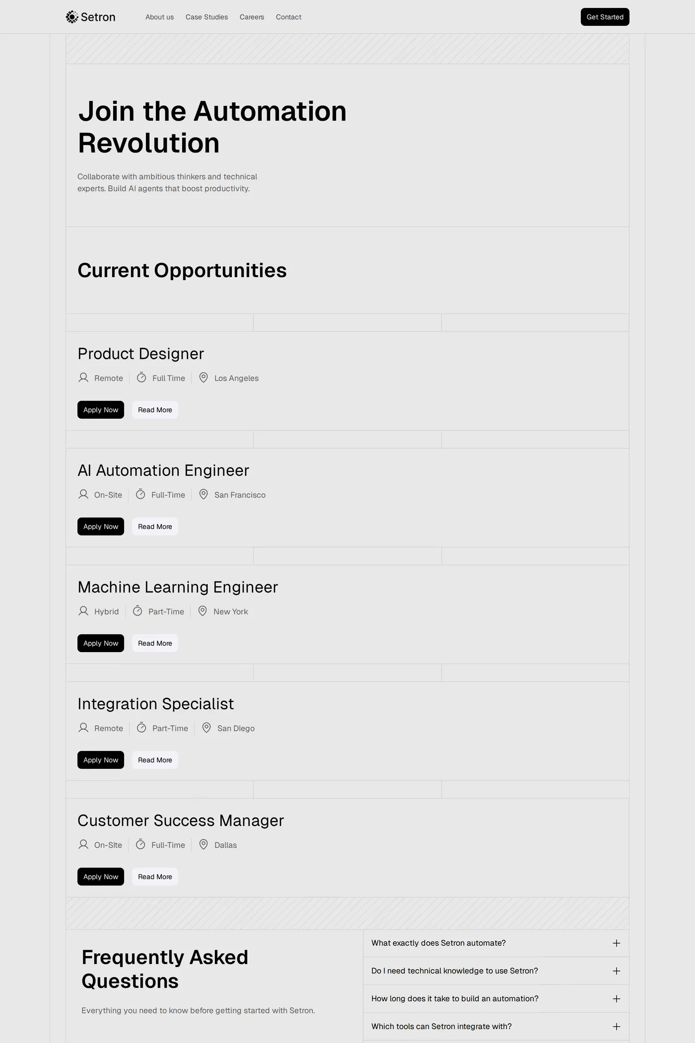 Setron — screenshot of the careers page