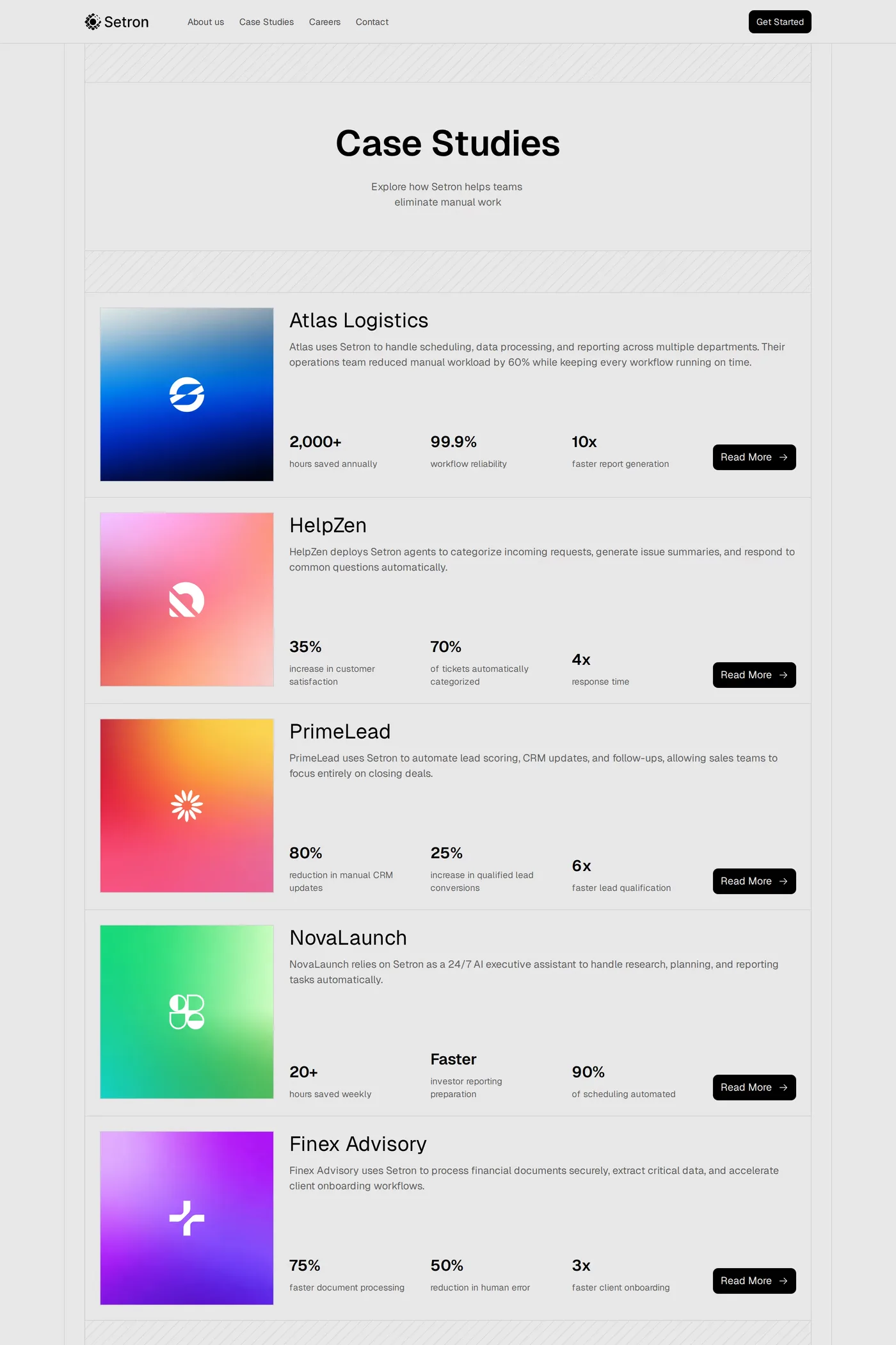 Setron — screenshot of the case studies page