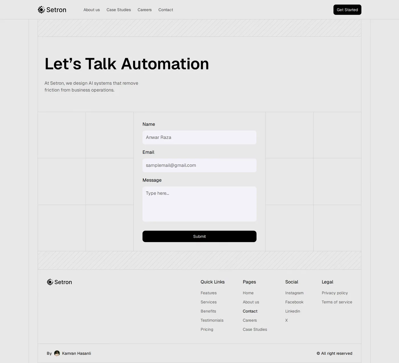 Setron — screenshot of the contact page