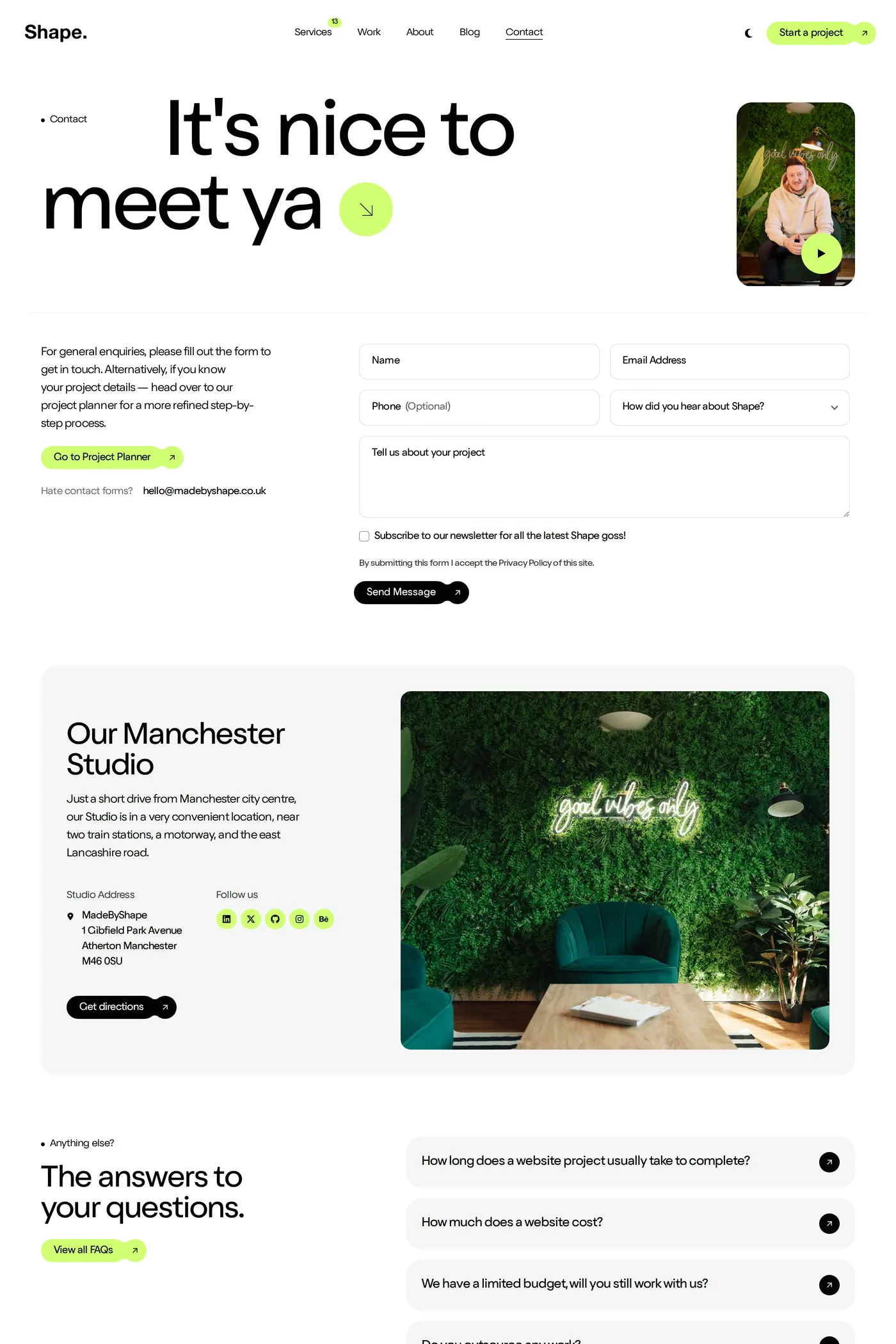 Shape — screenshot of the contact page