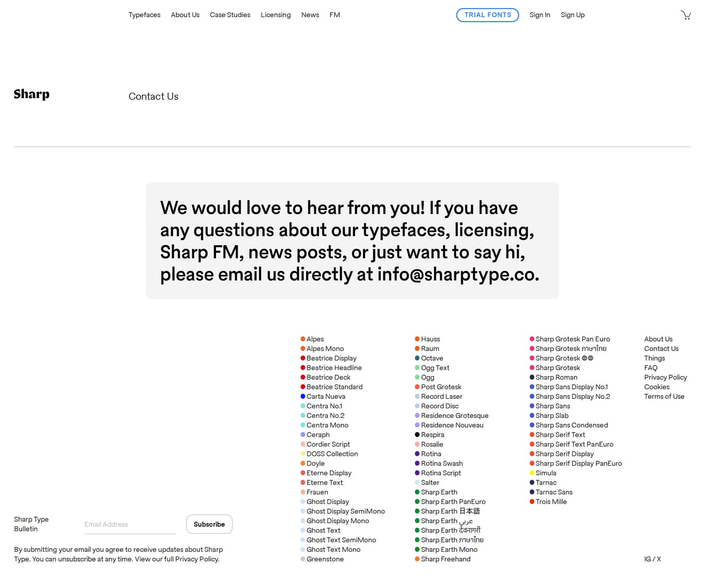 Sharp Type — screenshot of the contact page
