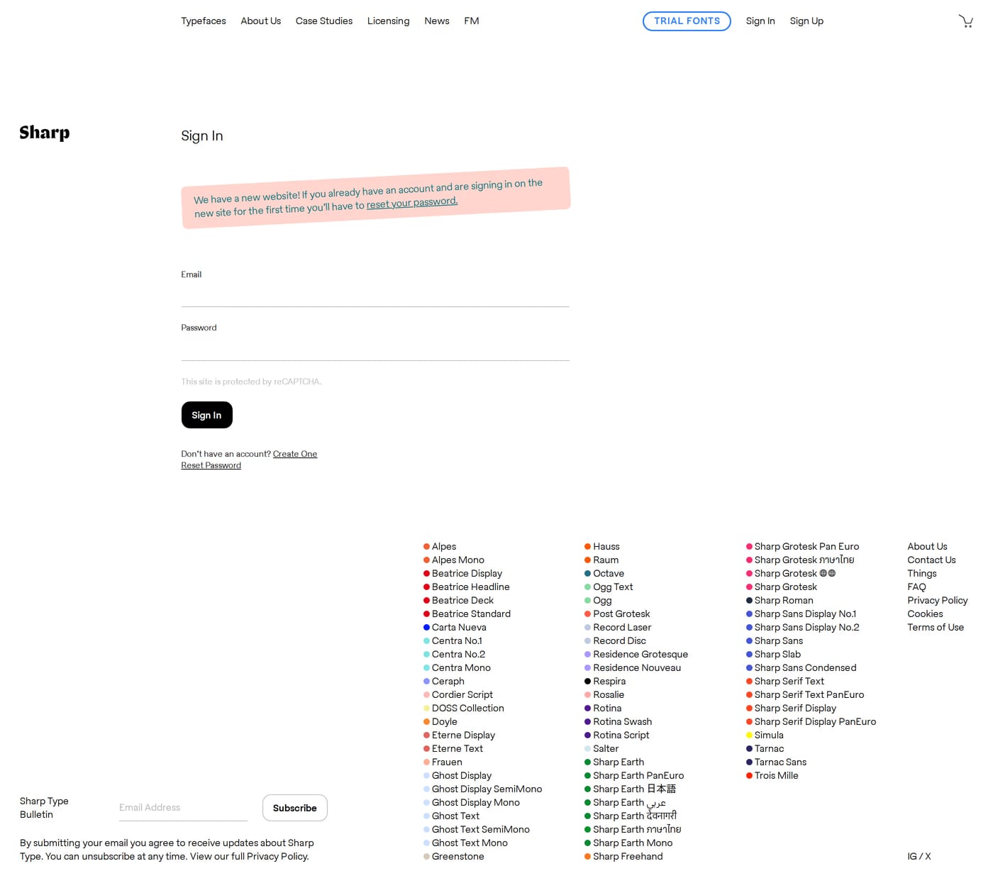 Sharp Type — screenshot of the login page