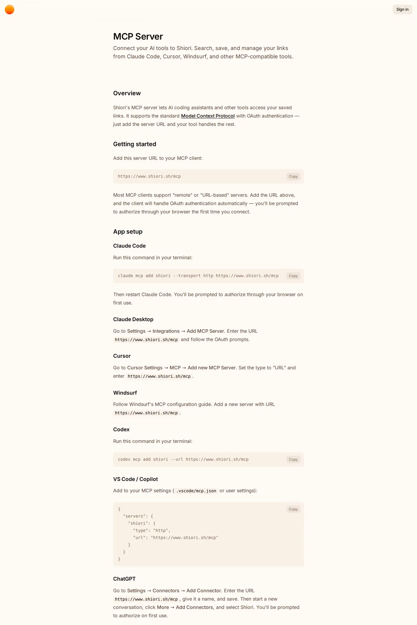 Shiori — screenshot of the docs page