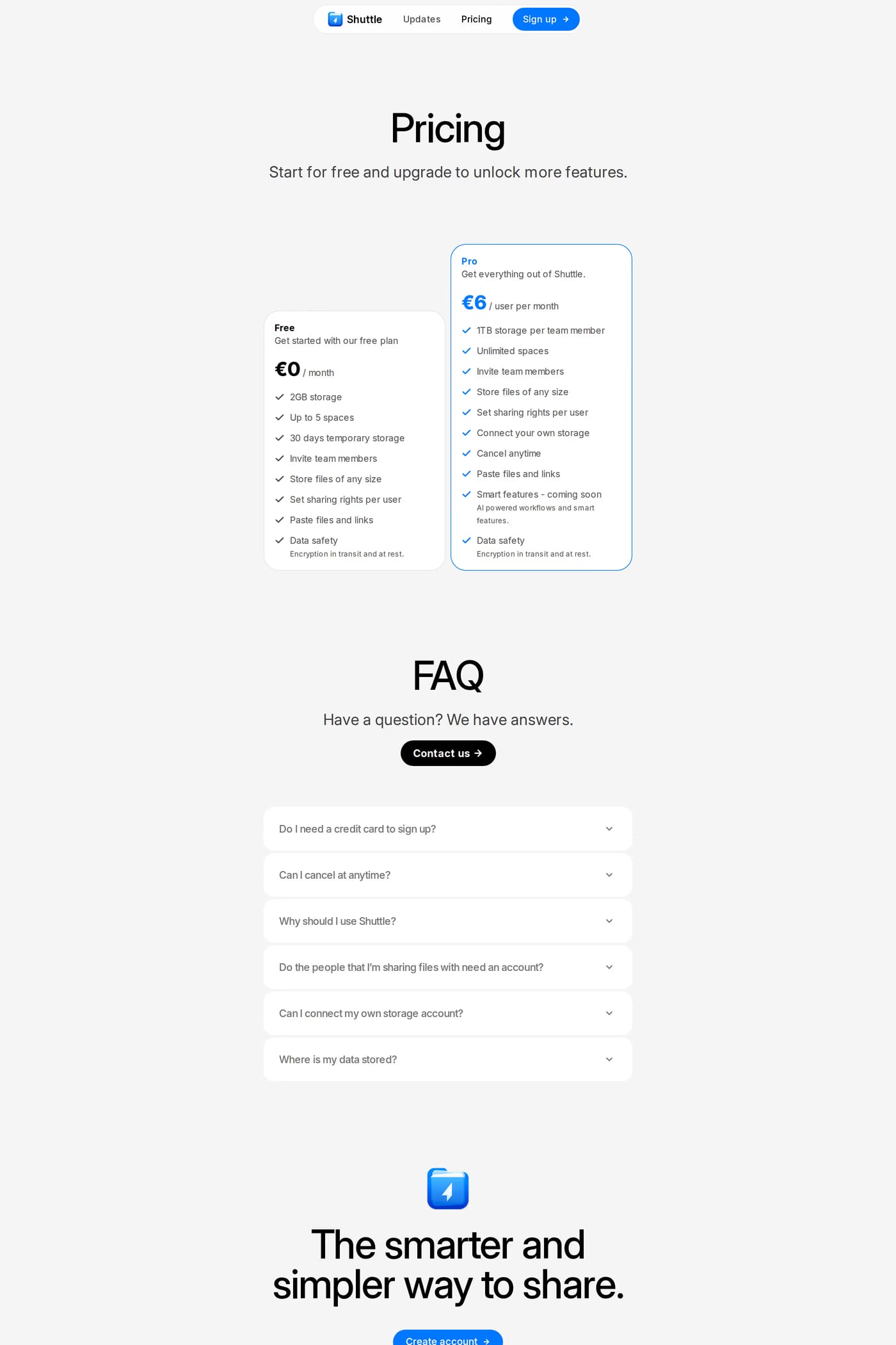 Shuttle — screenshot of the pricing page