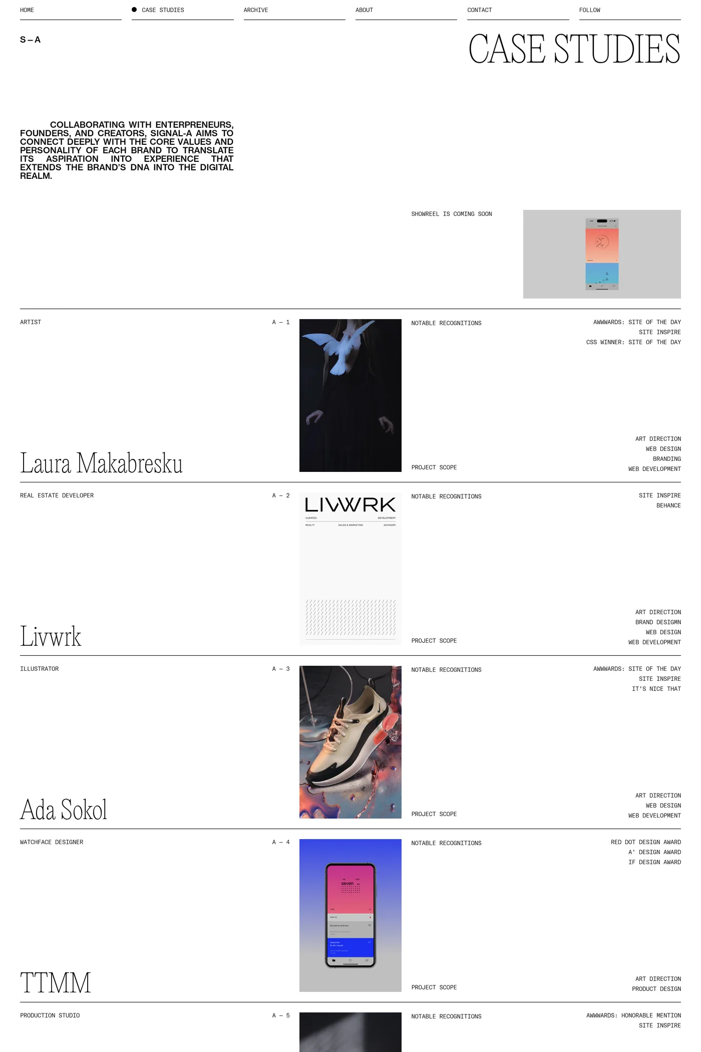 Signal-A Studio — screenshot of the case studies page