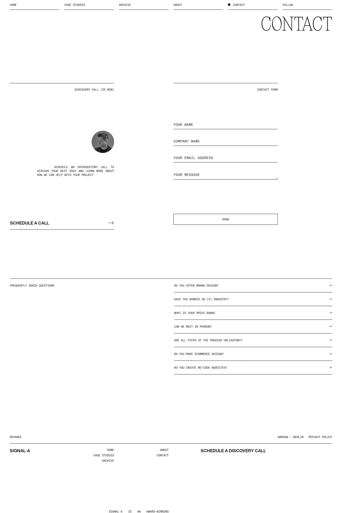 Signal-A Studio — screenshot of the contact page