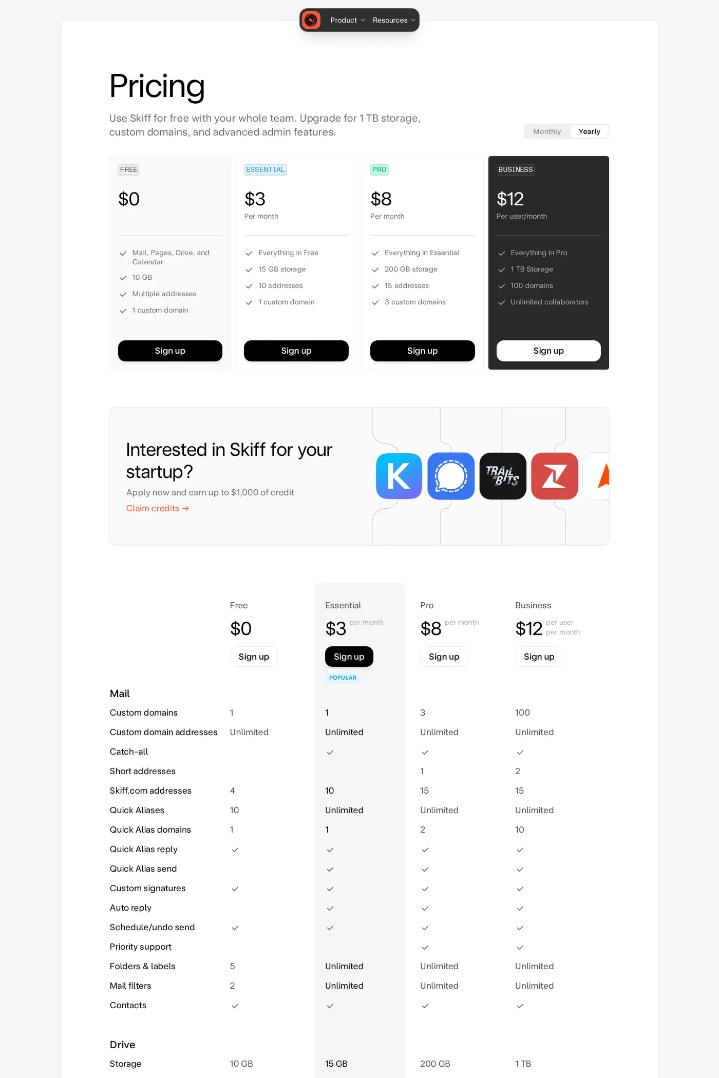 Skiff — screenshot of the pricing page