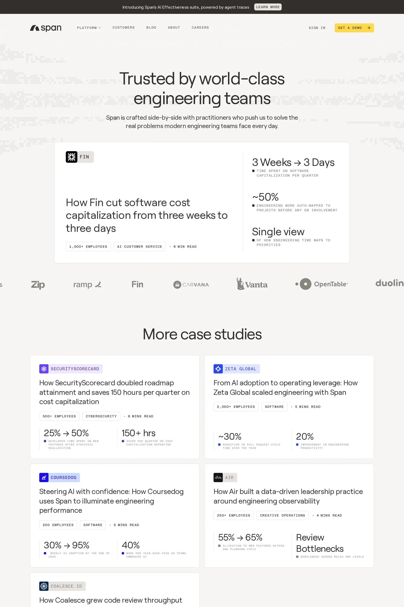 Span — screenshot of the case studies page