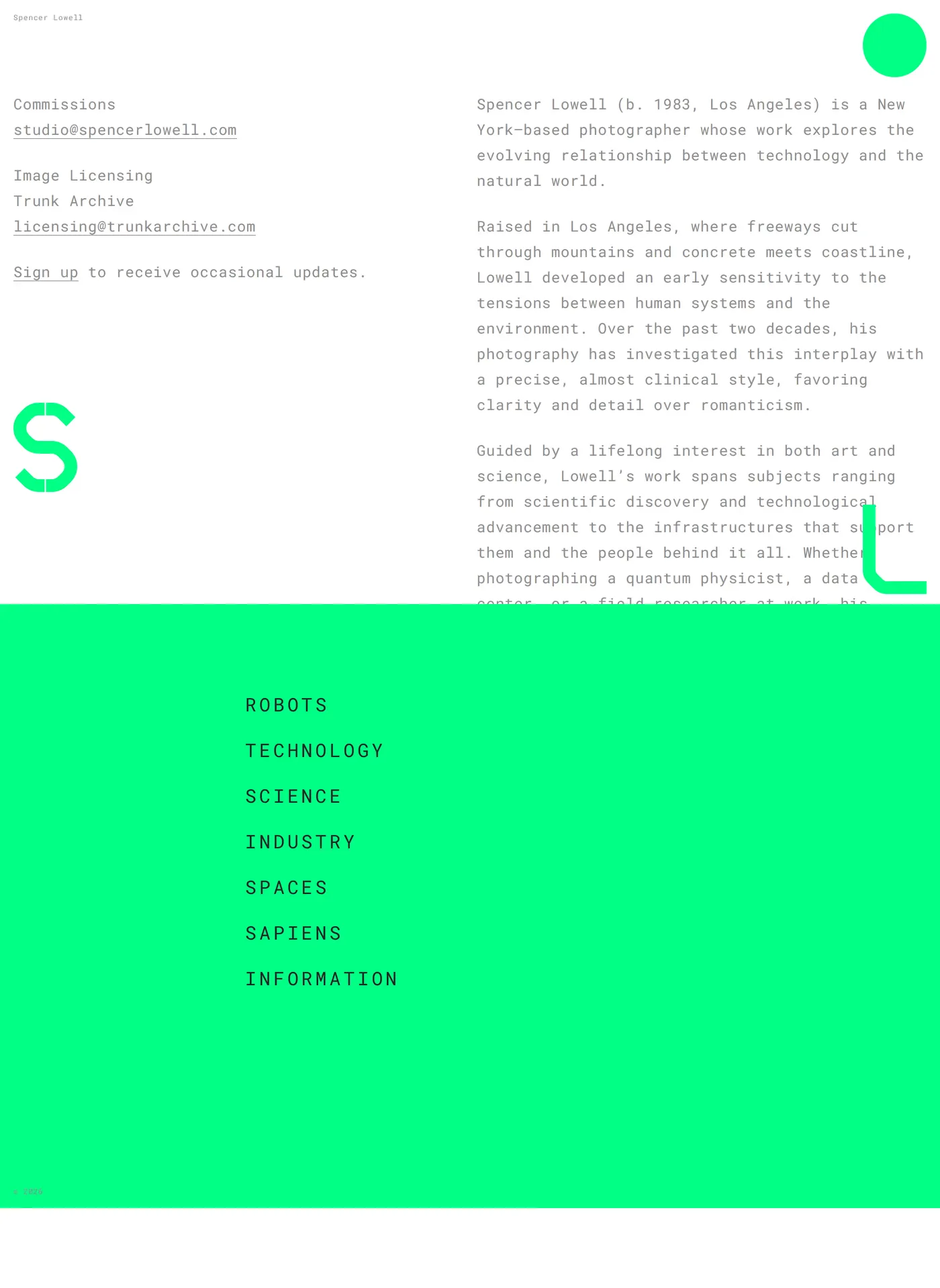 Spencer Lowell — screenshot of the about page