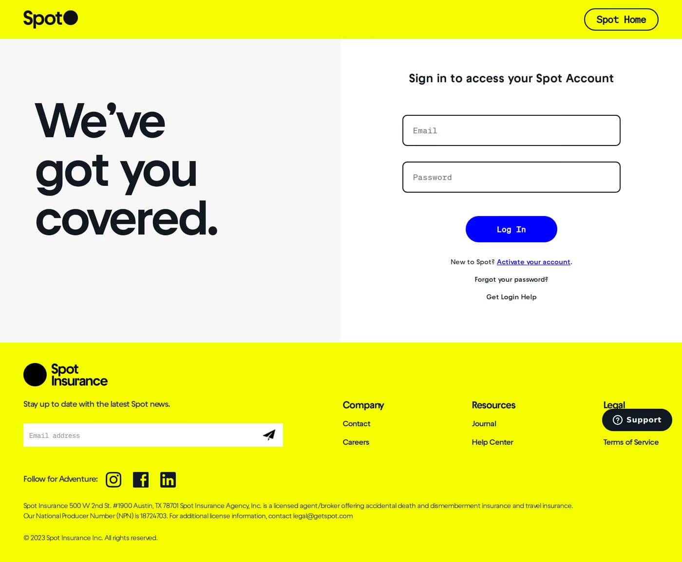 Spot login page