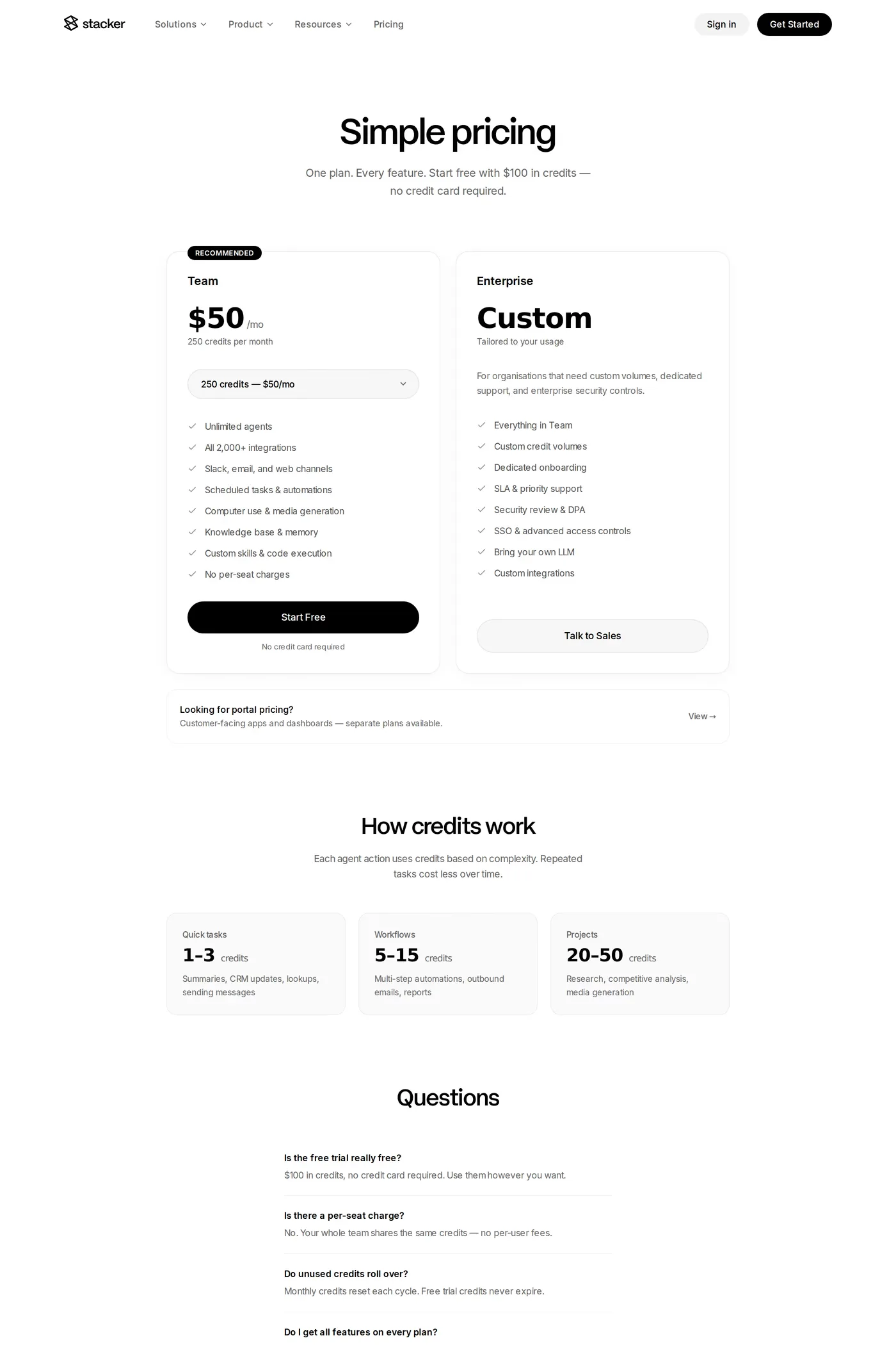 Stacker — screenshot of the pricing page