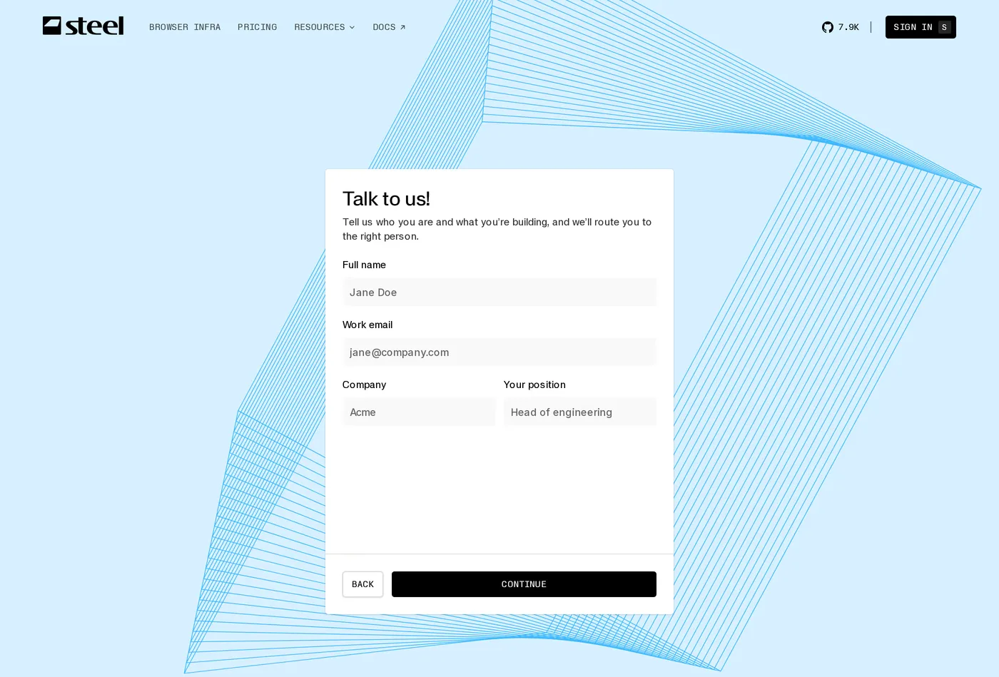 Steel — screenshot of the contact page