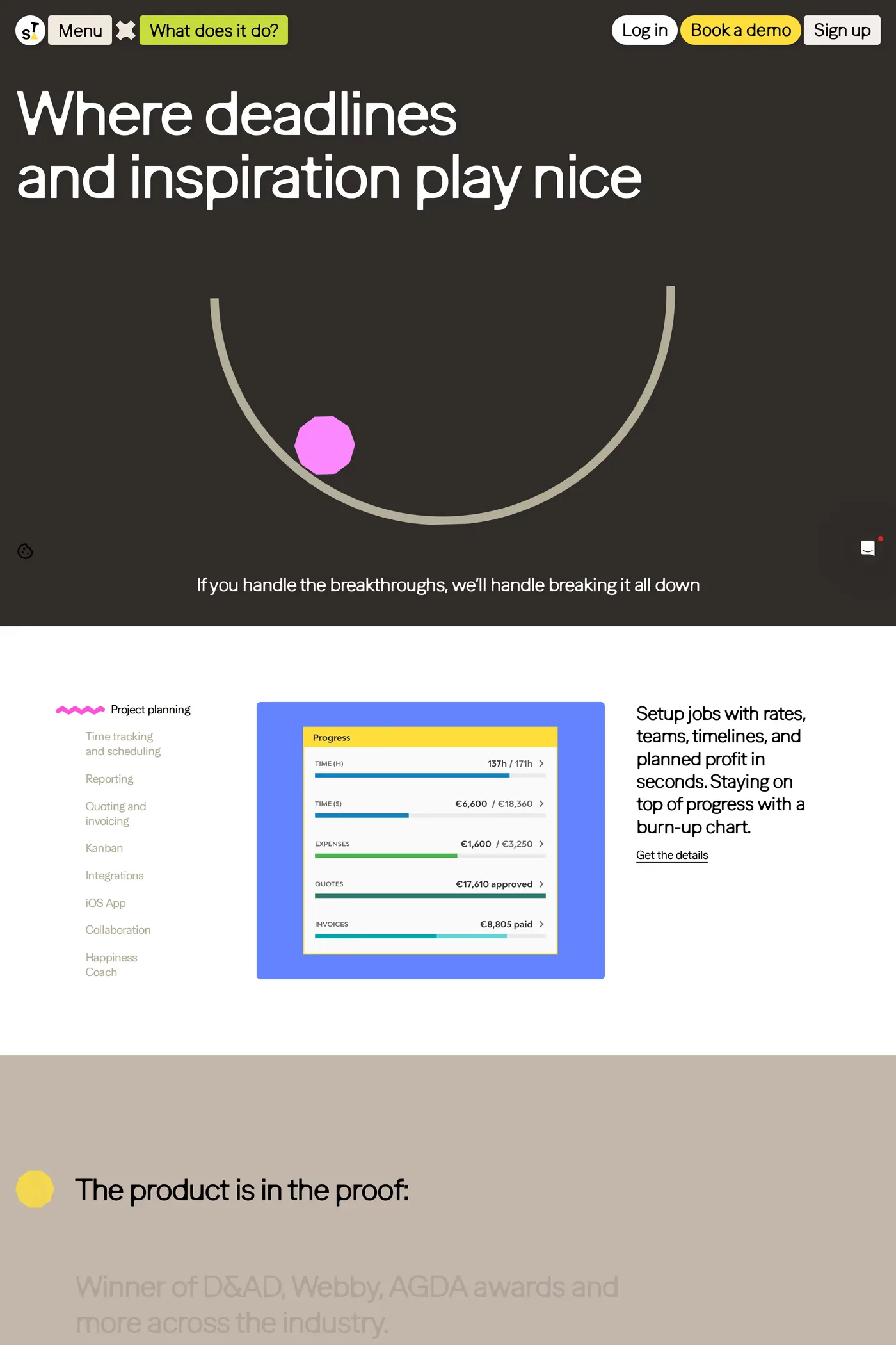 Streamtime — screenshot of the features page