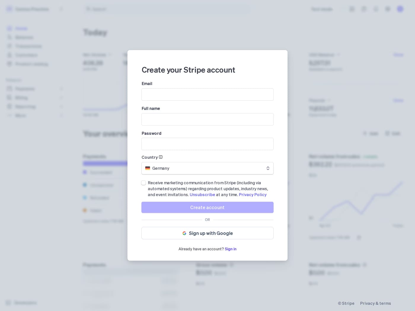 Stripe sign up page