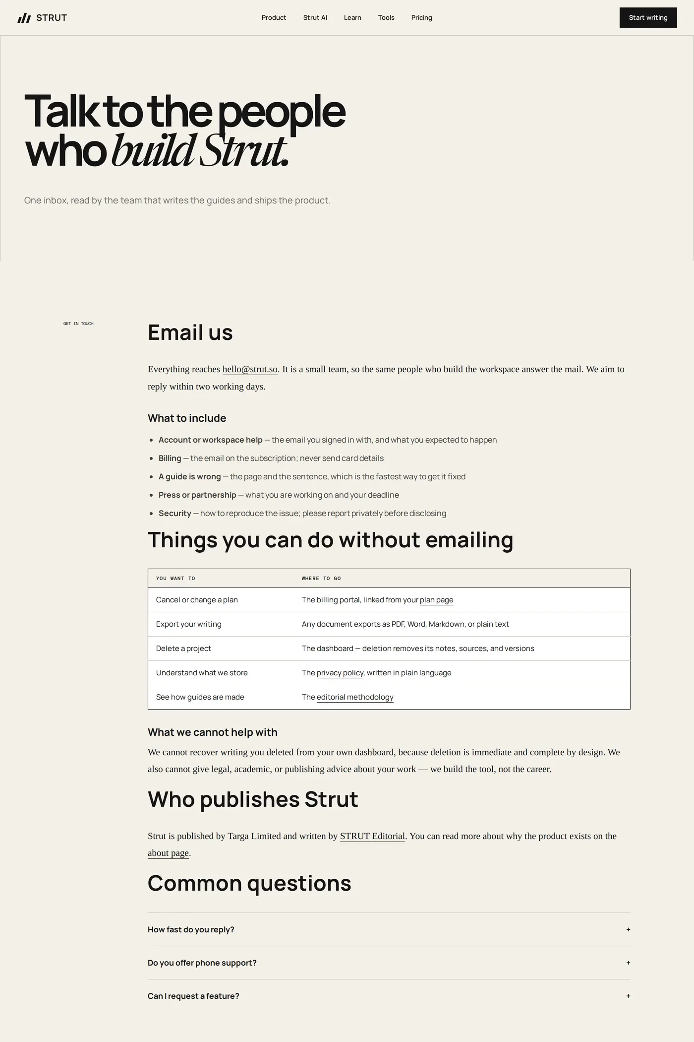 Strut — screenshot of the contact page