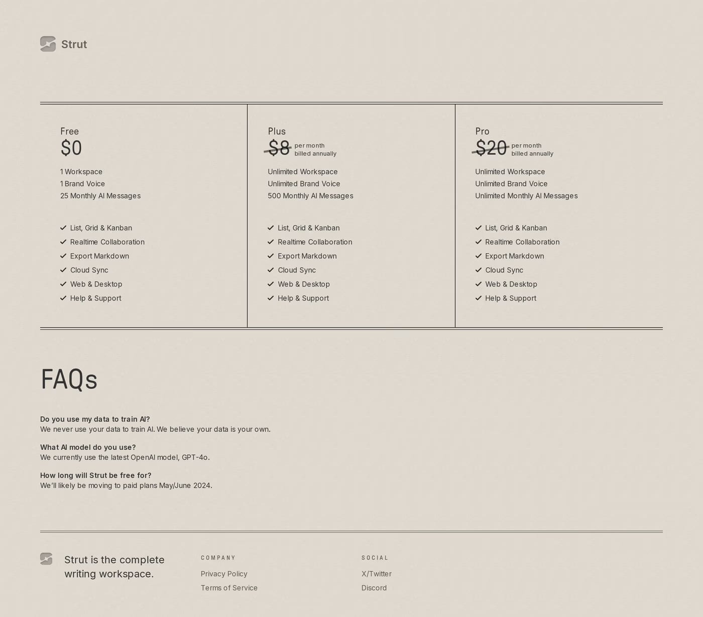Strut — screenshot of the pricing page