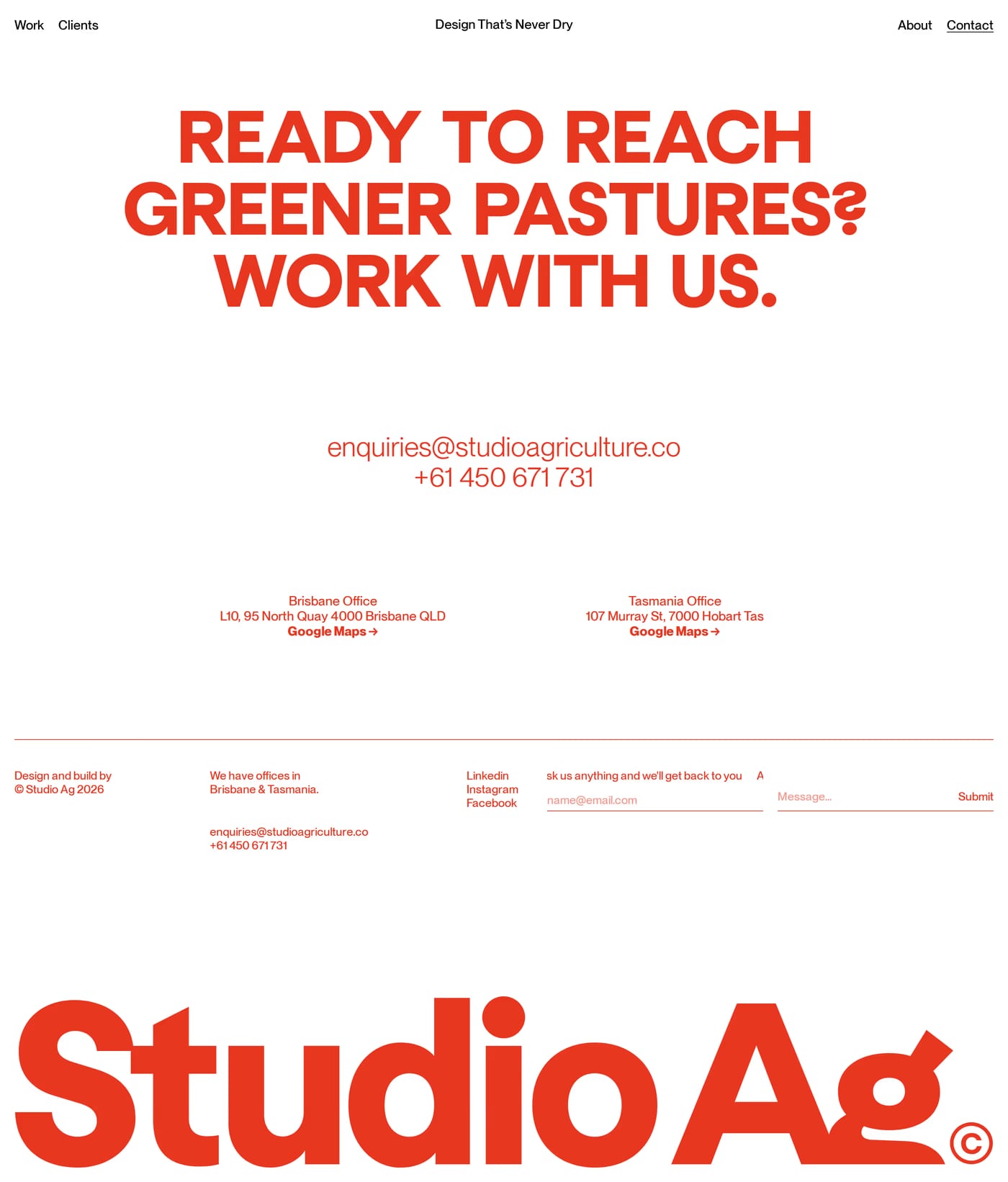 Studio Agriculture — screenshot of the contact page