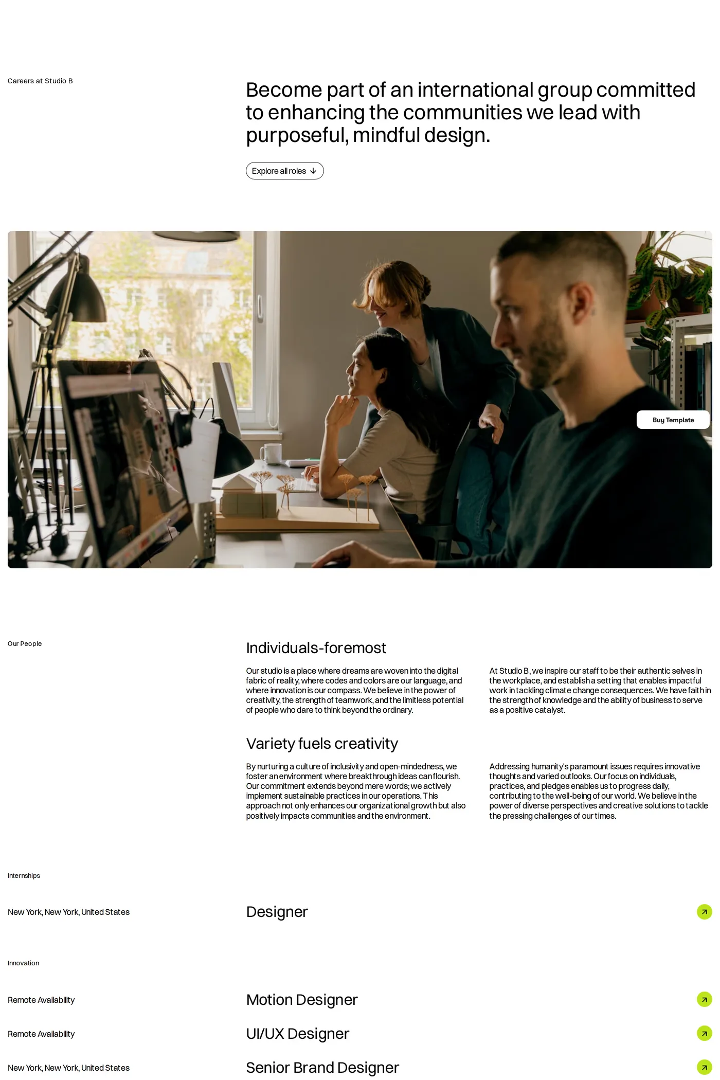 Studio B — screenshot of the careers page