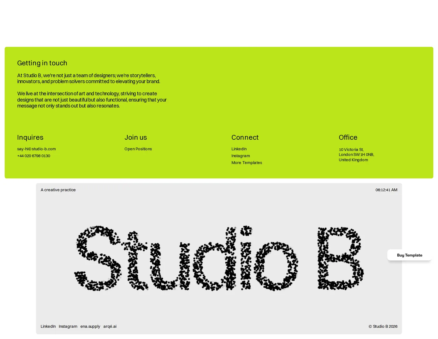 Studio B — screenshot of the contact page