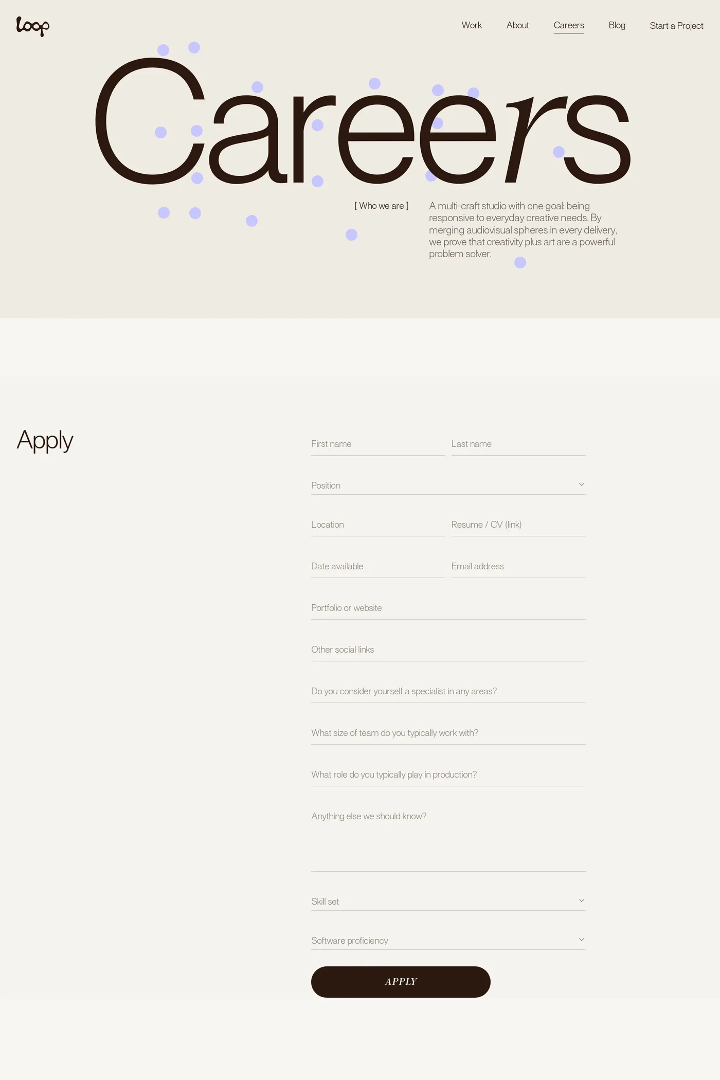 Studio Loop — screenshot of the careers page