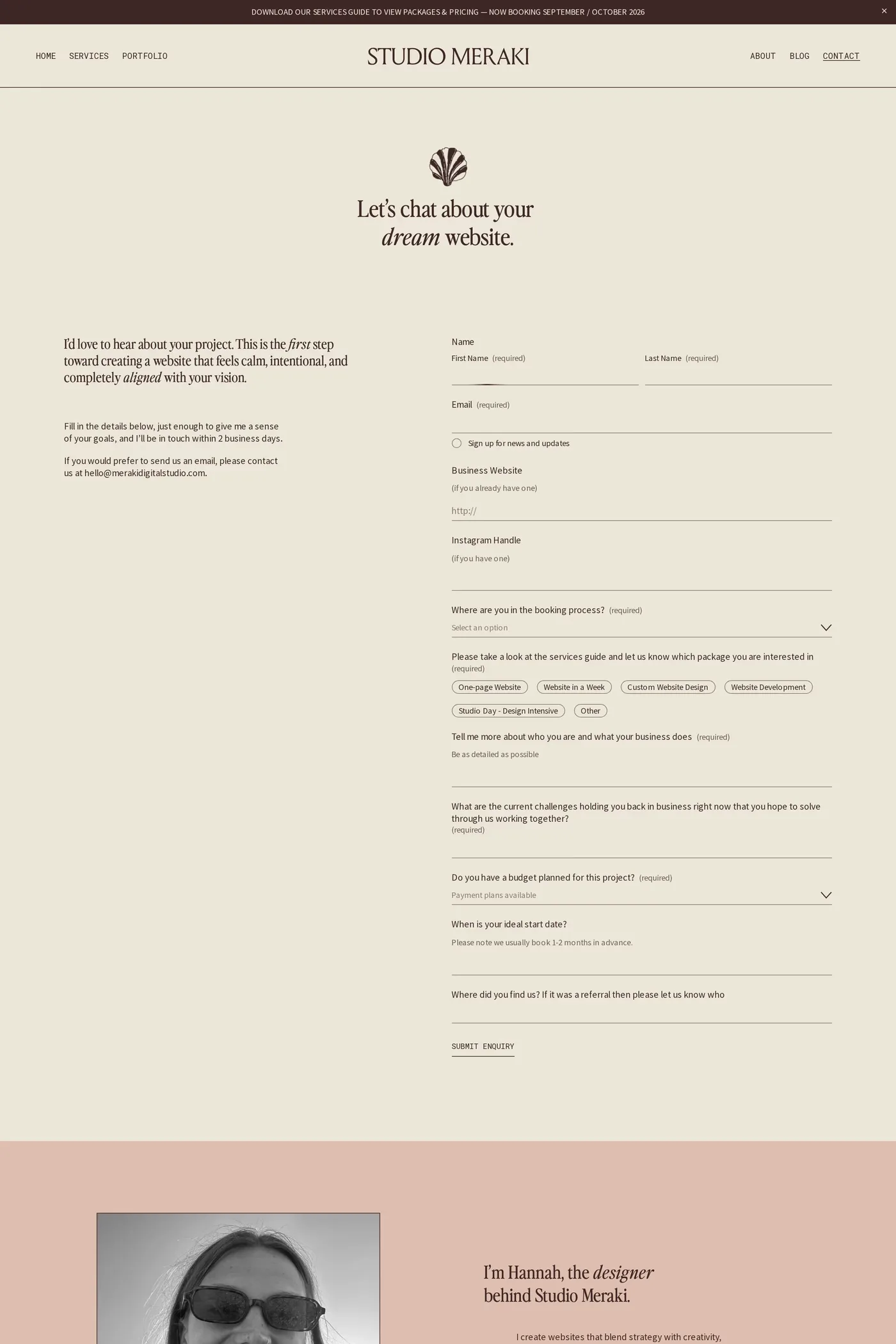 Studio Meraki — screenshot of the contact page