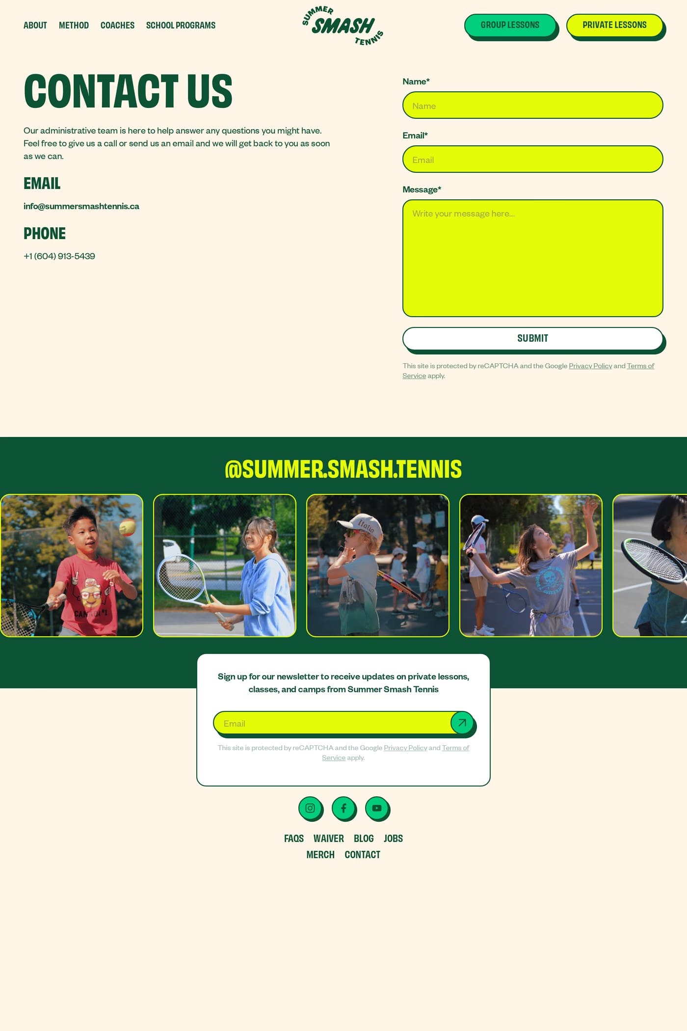 Summer Smash Tennis — screenshot of the contact page