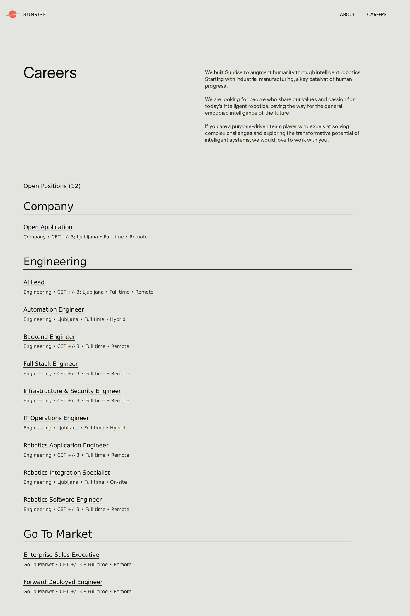 Sunrise Robotics — screenshot of the careers page
