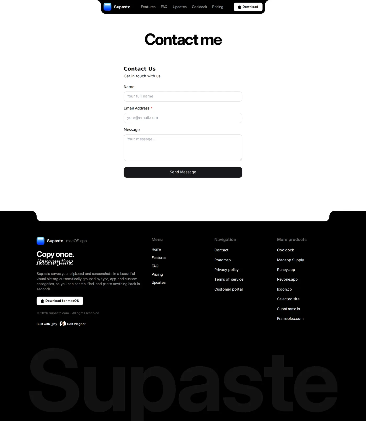 Supaste — screenshot of the contact page
