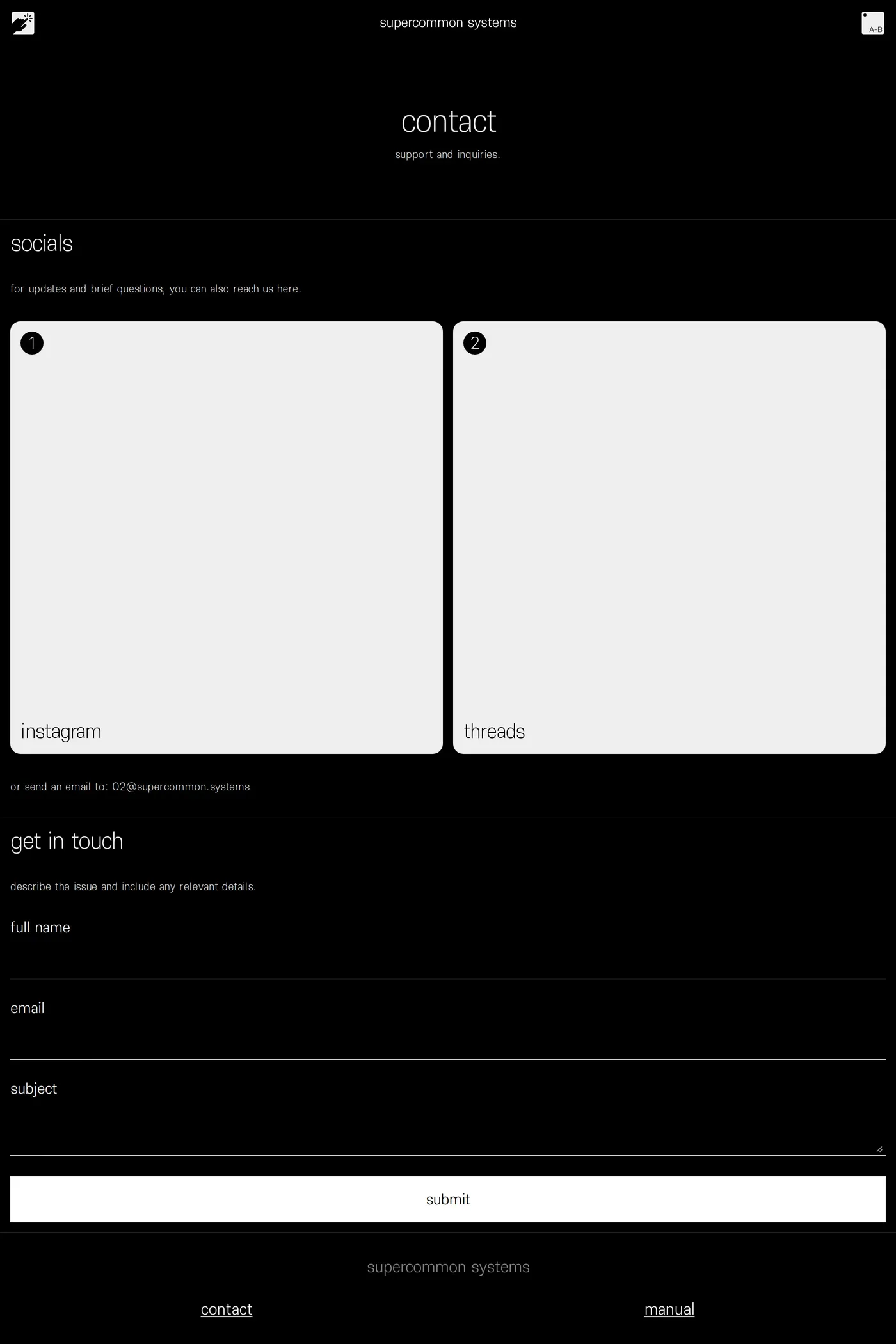 Supercommon Systems — screenshot of the contact page