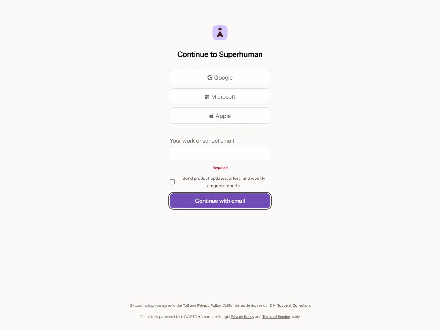 Superhuman — screenshot of the login page