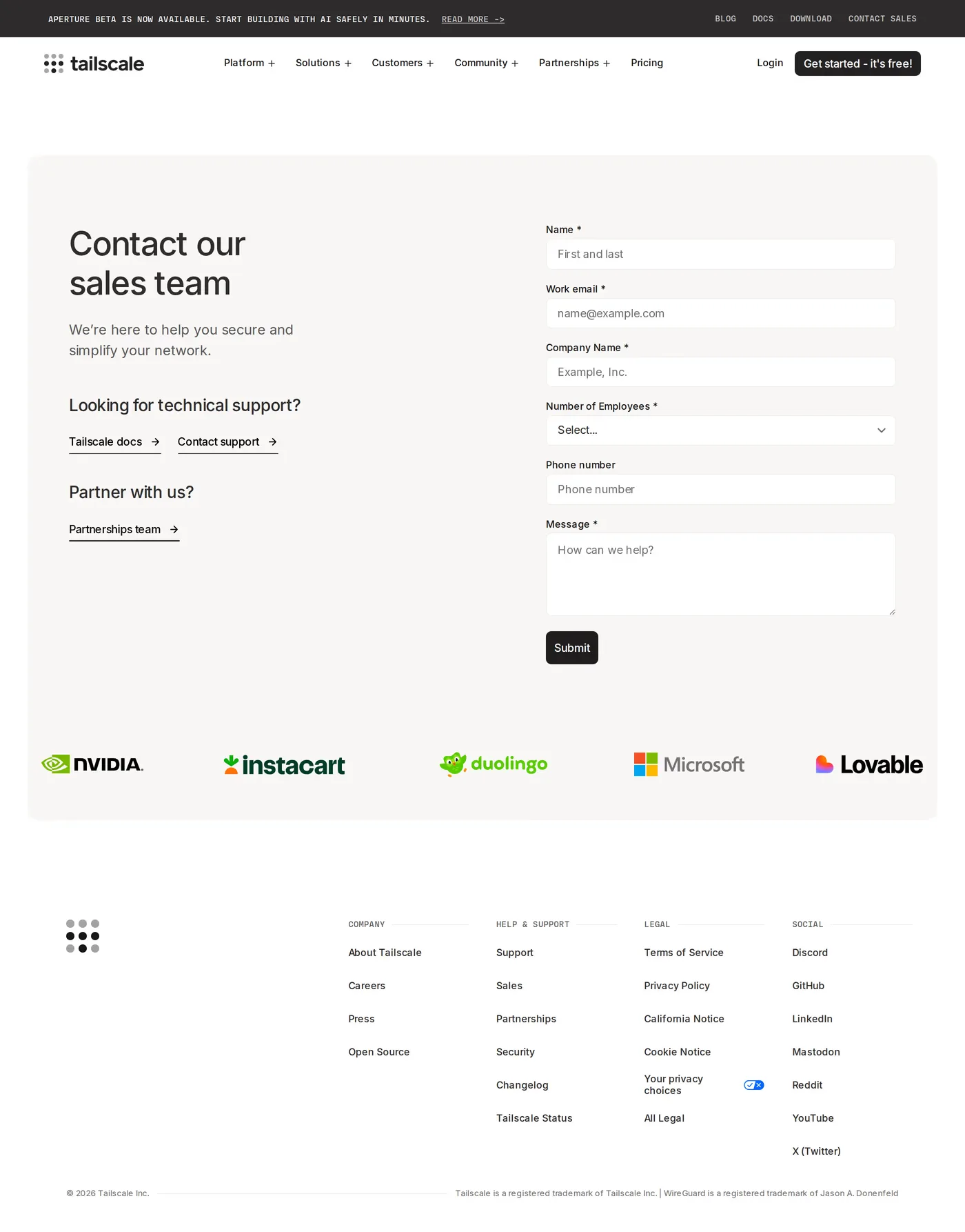 Tailscale — screenshot of the contact page